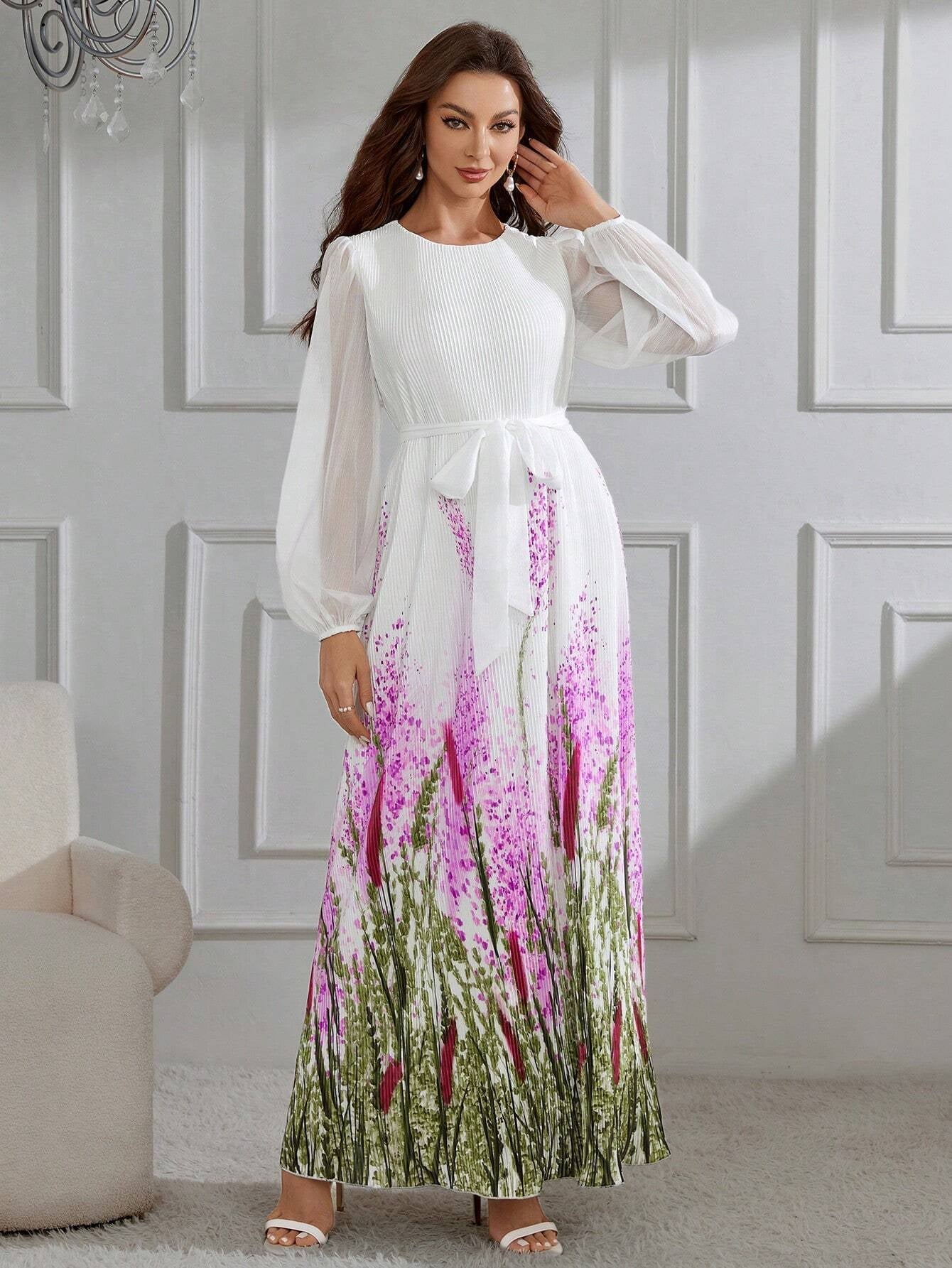 Modely Women'S Printed Lantern Sleeve Dress with Pleated Details