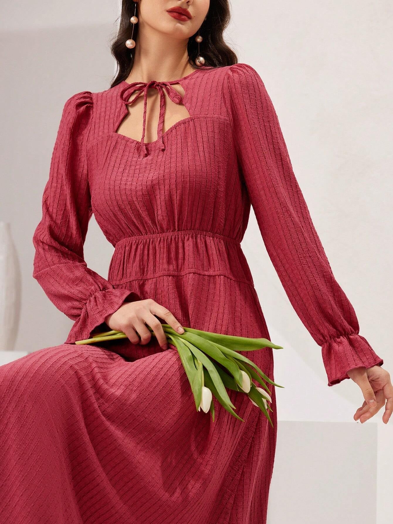 Mulvari Ladies' Solid Color Tie Neck Ruffled Sleeve Dress