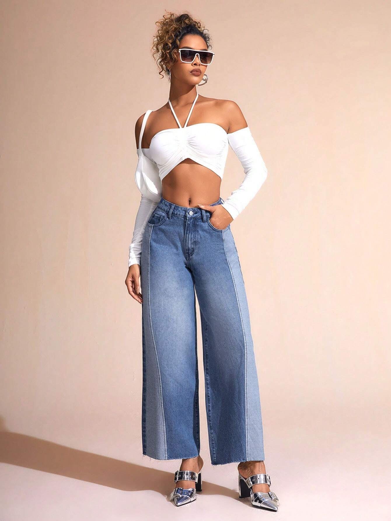 BAE Color Block Wide Leg Casual Denim Pants