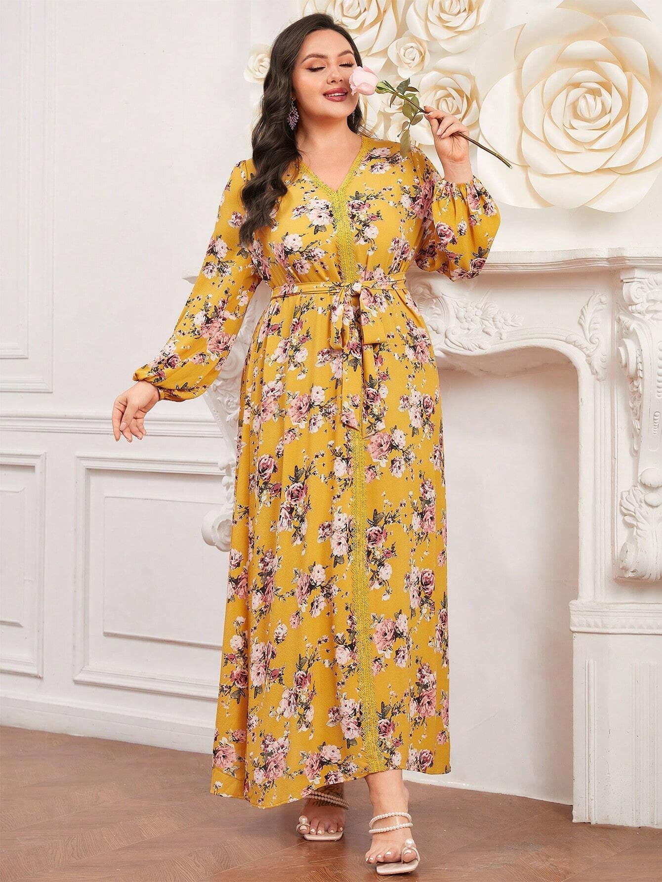Mulvari plus Size Floral Print Lace Trim Lantern Sleeve Dress