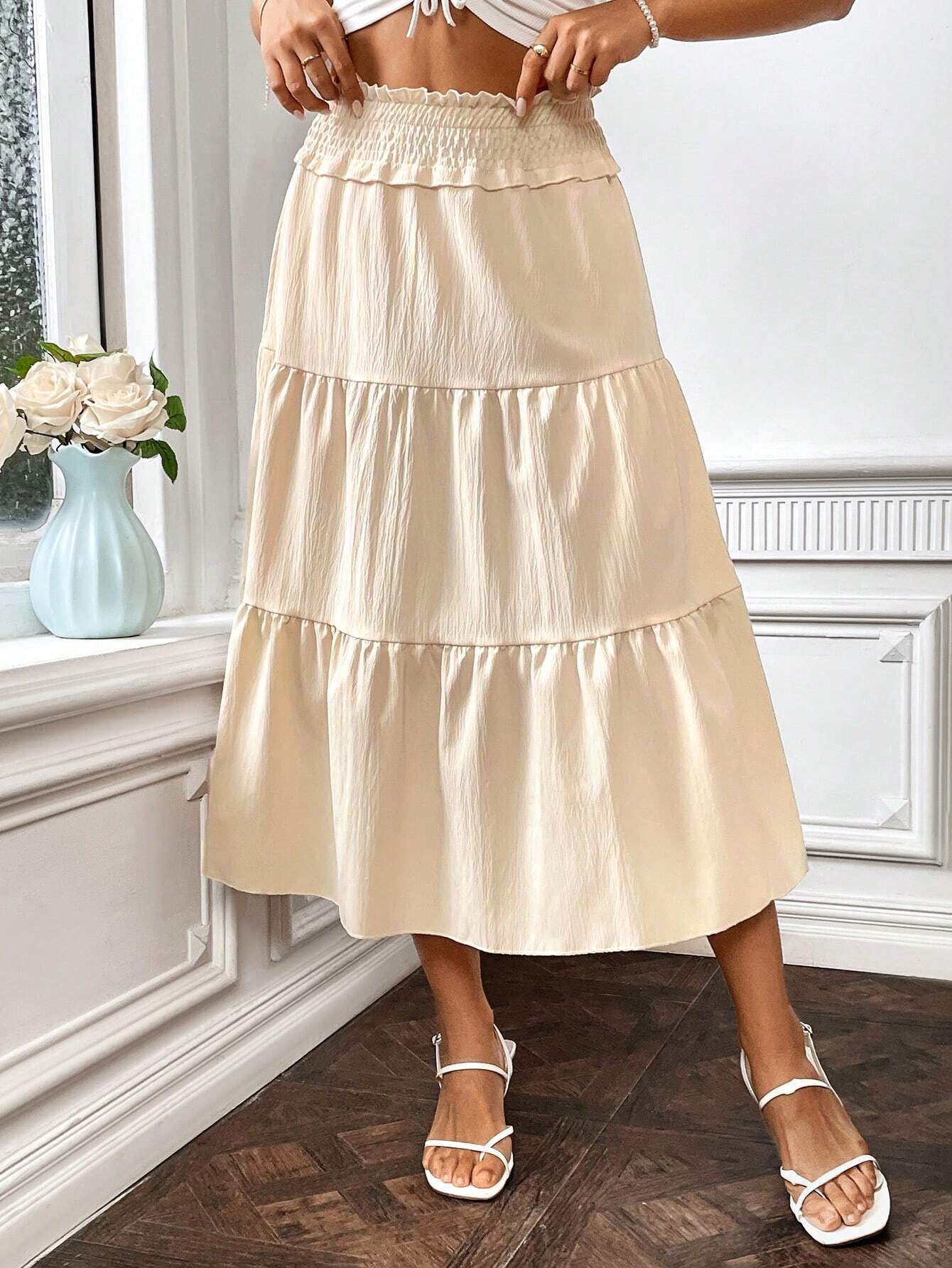 Ezwear Solid Colored Paper Bag Waist Midi Skirt