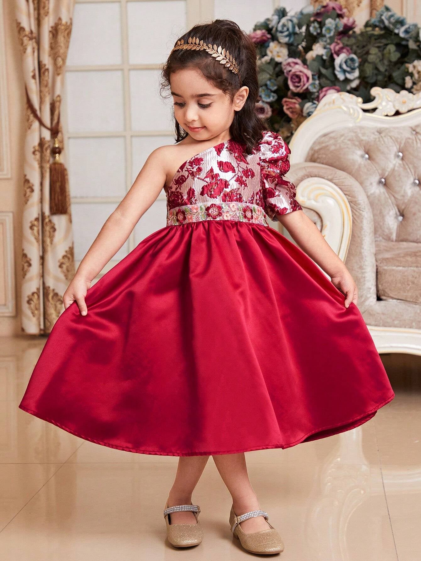 Young Girls' Pretty Stylish Jacquard Splice Oblique-Shoulder Puff Sleeve Mid-Length Dress with A-Line Hem