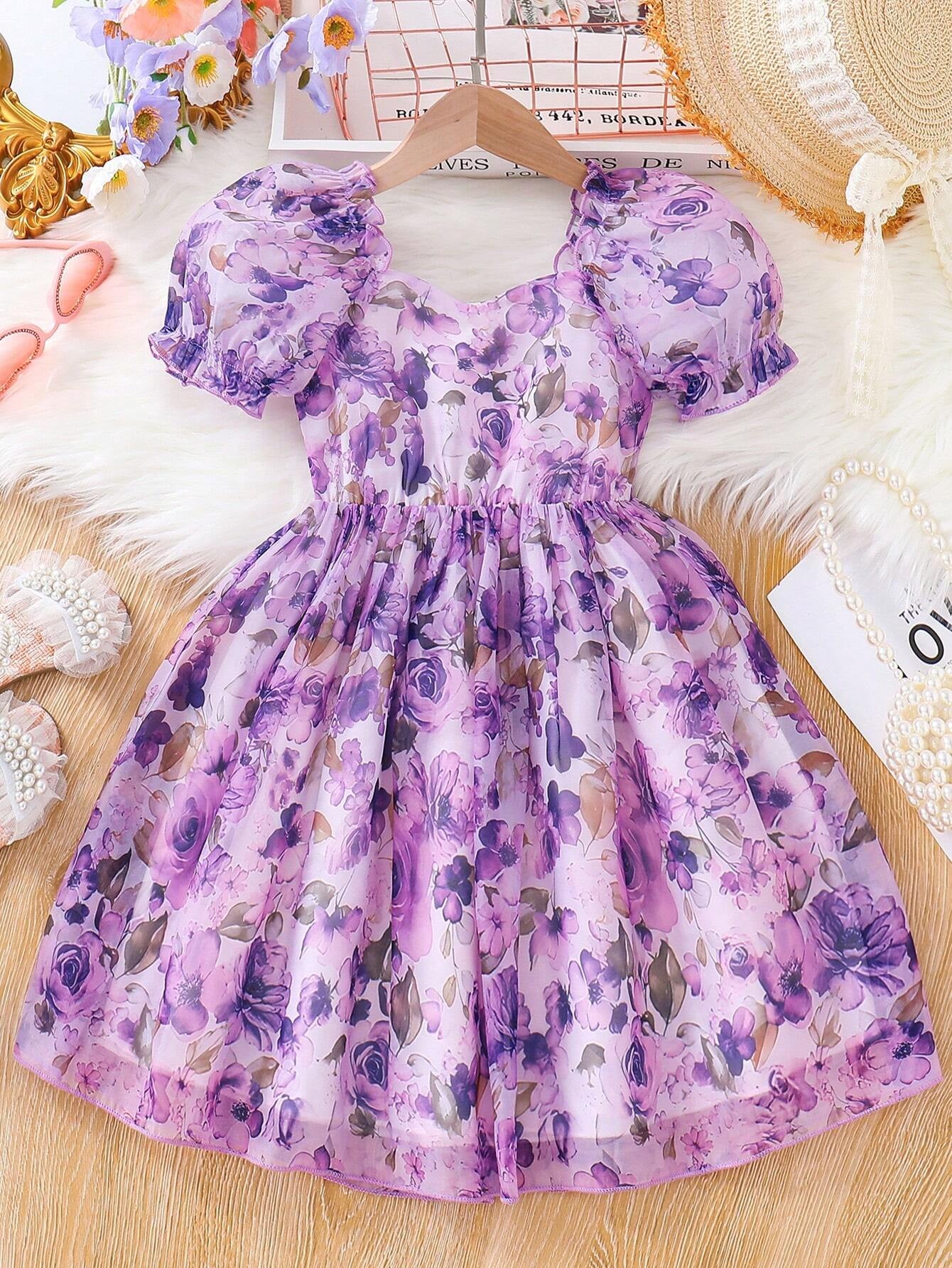 Young Girls' Summer Flower Print Dress, Purple Floral Princess Dress with Puff Sleeves