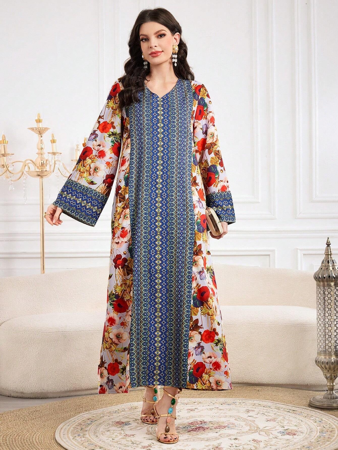 Najma Floral Print V Neck Flounce Sleeve Dress