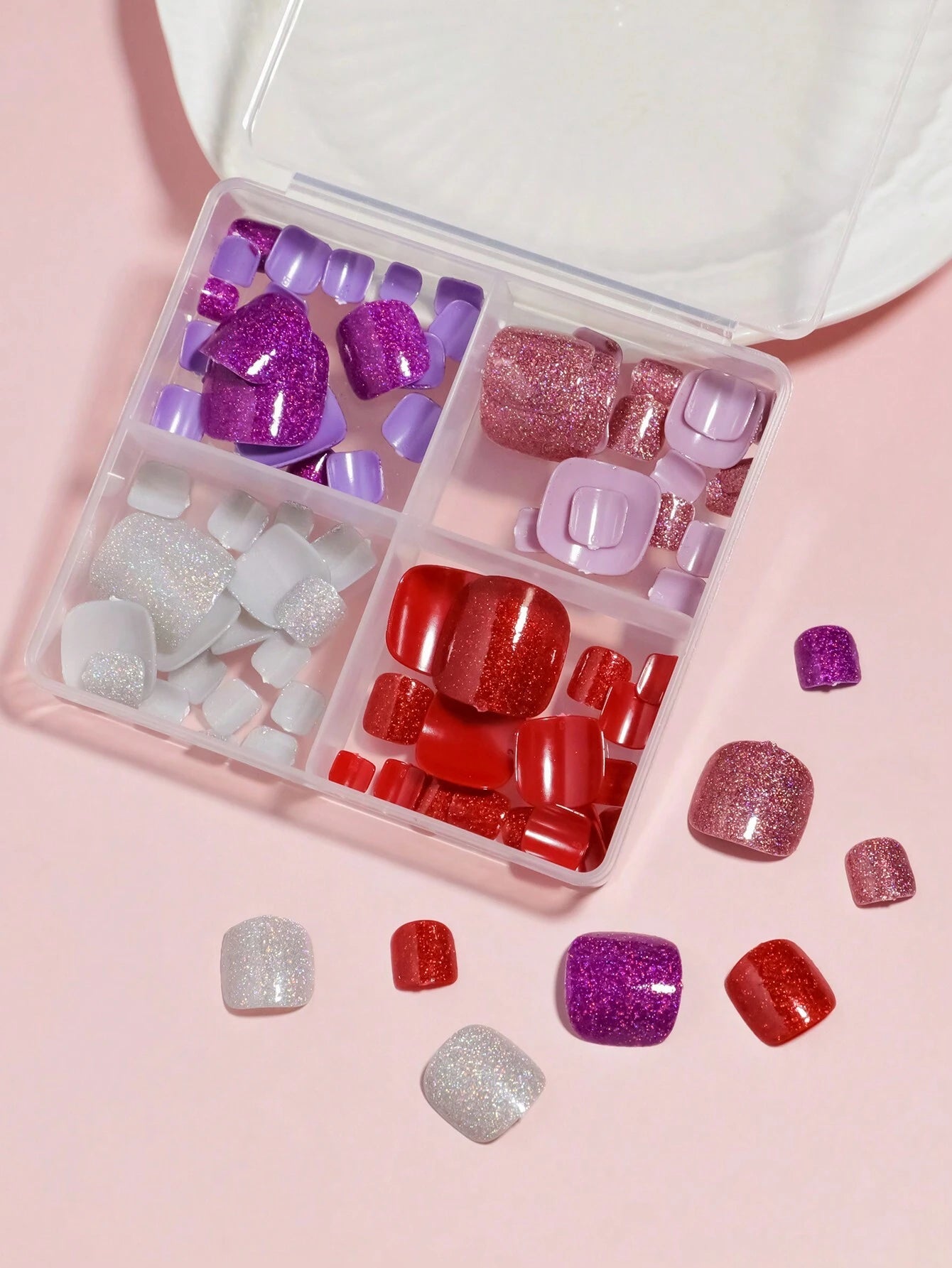 96Pcs(Pink/Cherry Red/Light Purple/Dark Purple) Short Square Press on Toenails Designed Press on Toenails Full Cover, 4 Glossy False Toenails for Feet, French Design Fake Toenails for Summer Nail Art Set for Women and Girls with Re-Usable Storage Box