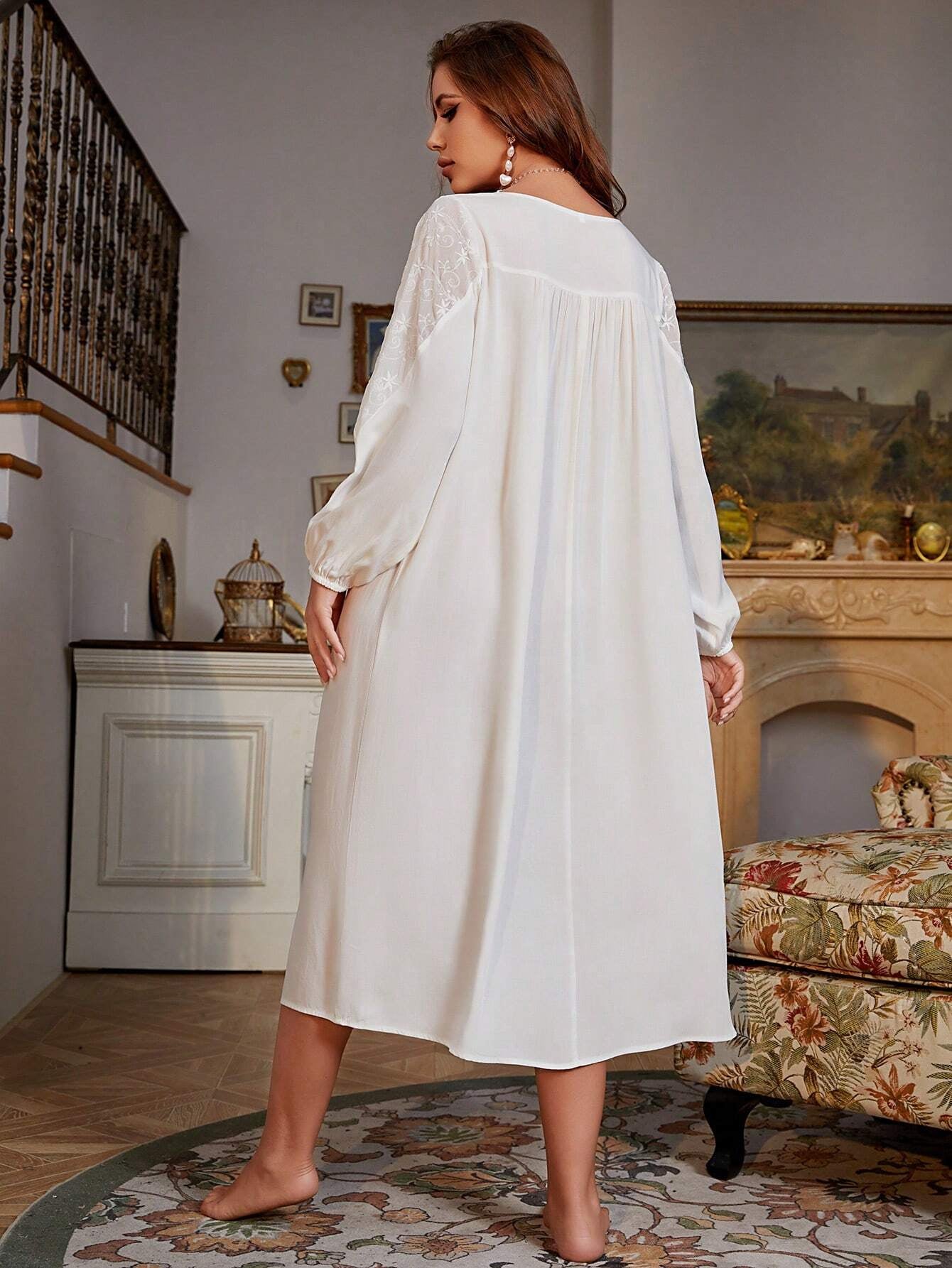 Contrast Lace Lantern Sleeve Nightdress Nightgown