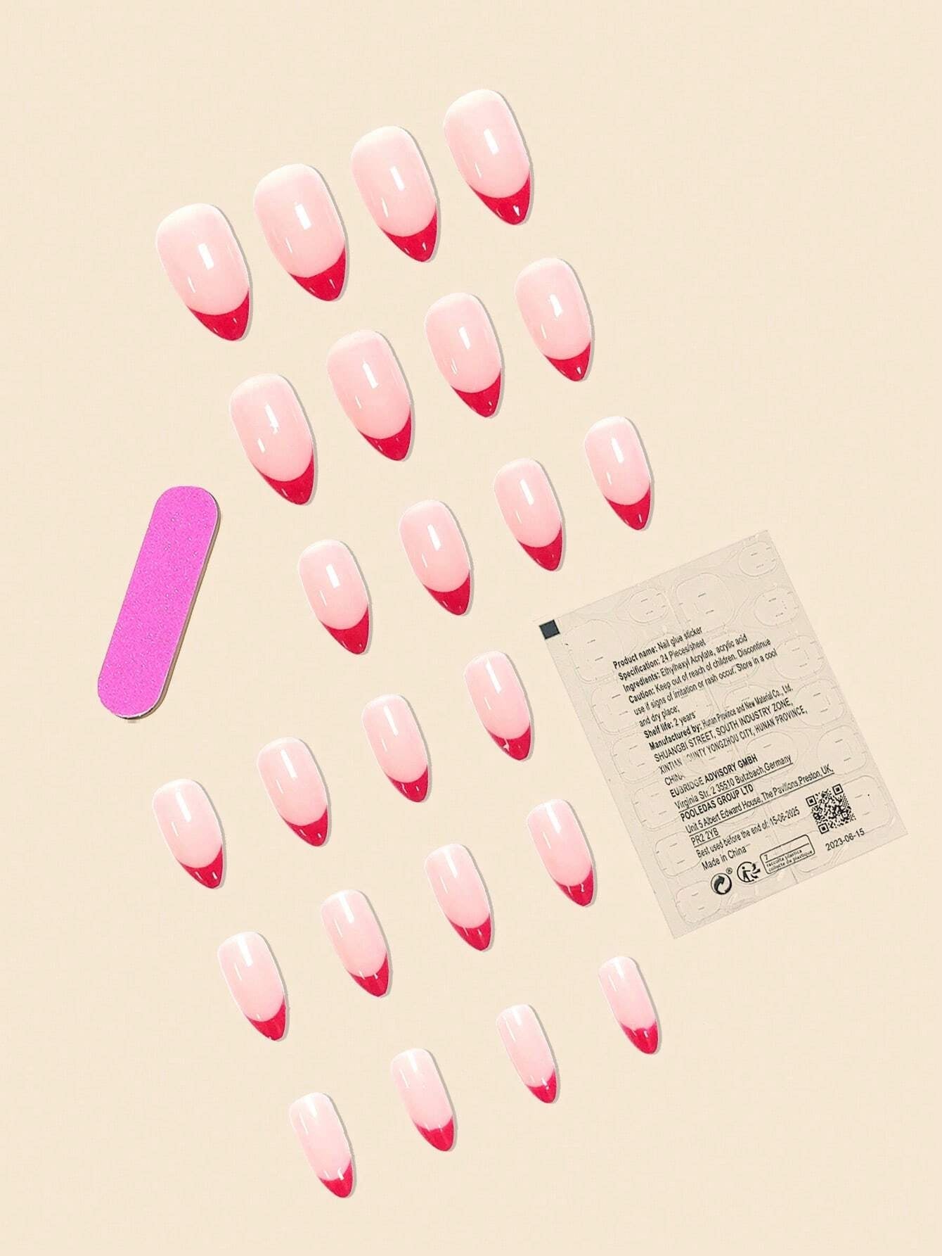 24Pcs False Nails in Waterdrop Shape, Black French Manicure with Small Flowers & Pointy Almond Shape +Jelly Glue + Nail File