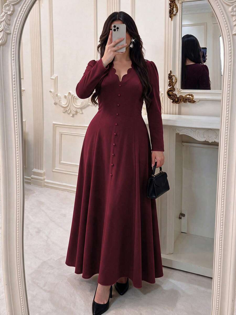 SHEIN Modelyn فستان عنابي بأزرار أمامية