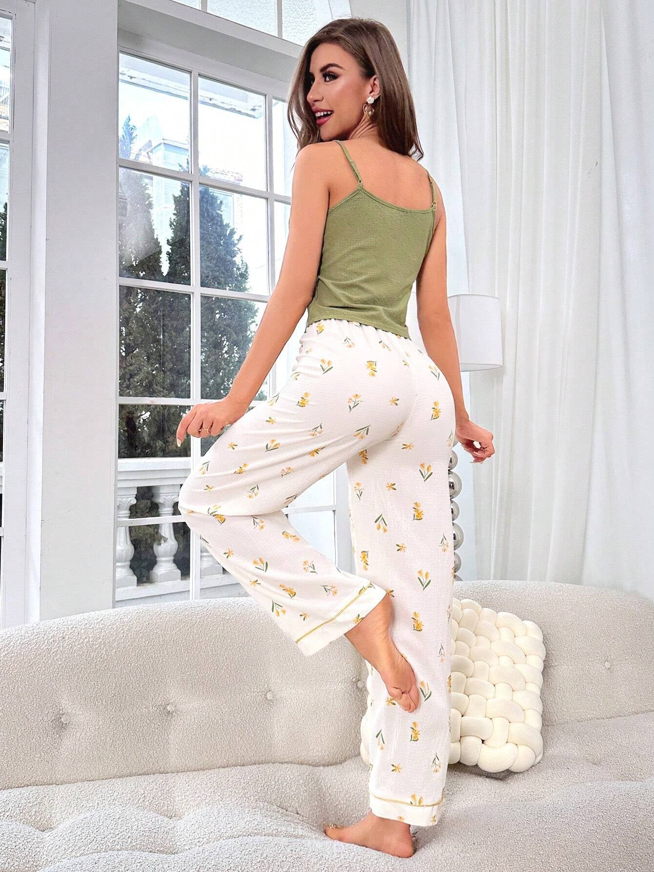 Floral Print Contrast Piping PJ Set