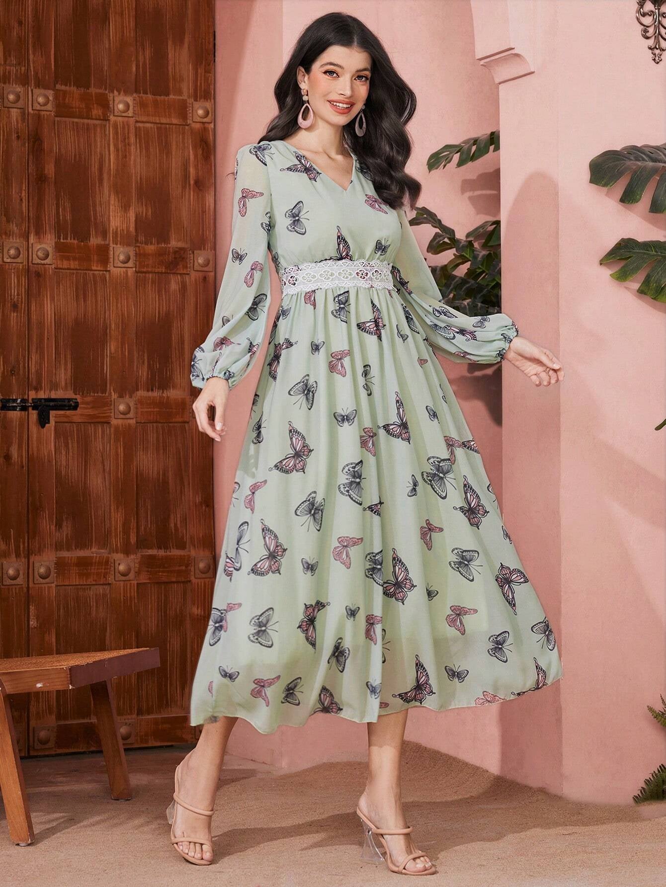 Modely Butterfly Printed V-Neck Patchwork Lace Tape Lantern Sleeve Dress