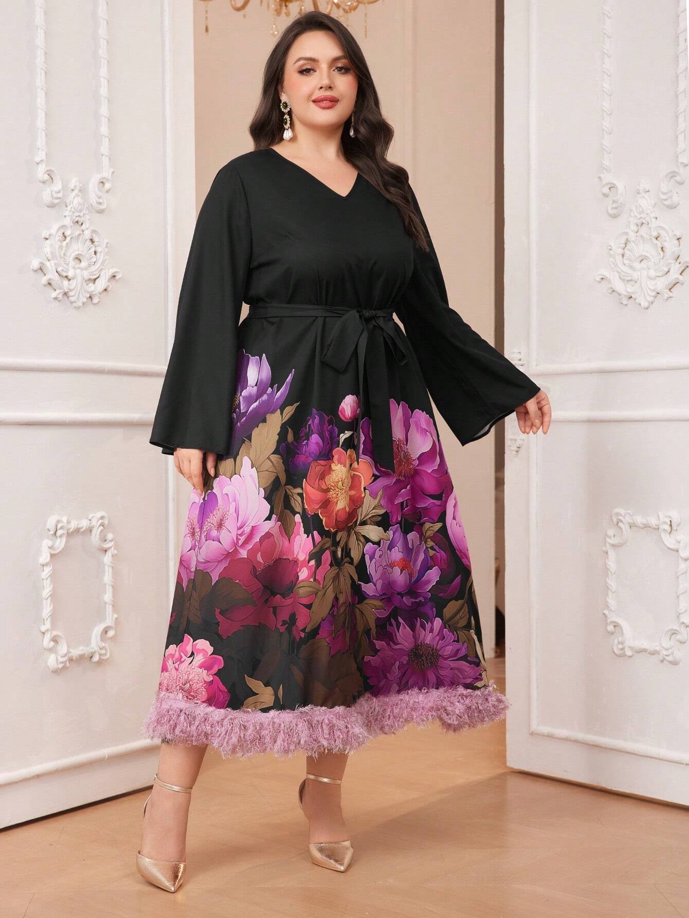 Modely plus Size Flower Print Contrast Plush Hem Belted Dress with Flared Sleeves and Ribbon Decoration