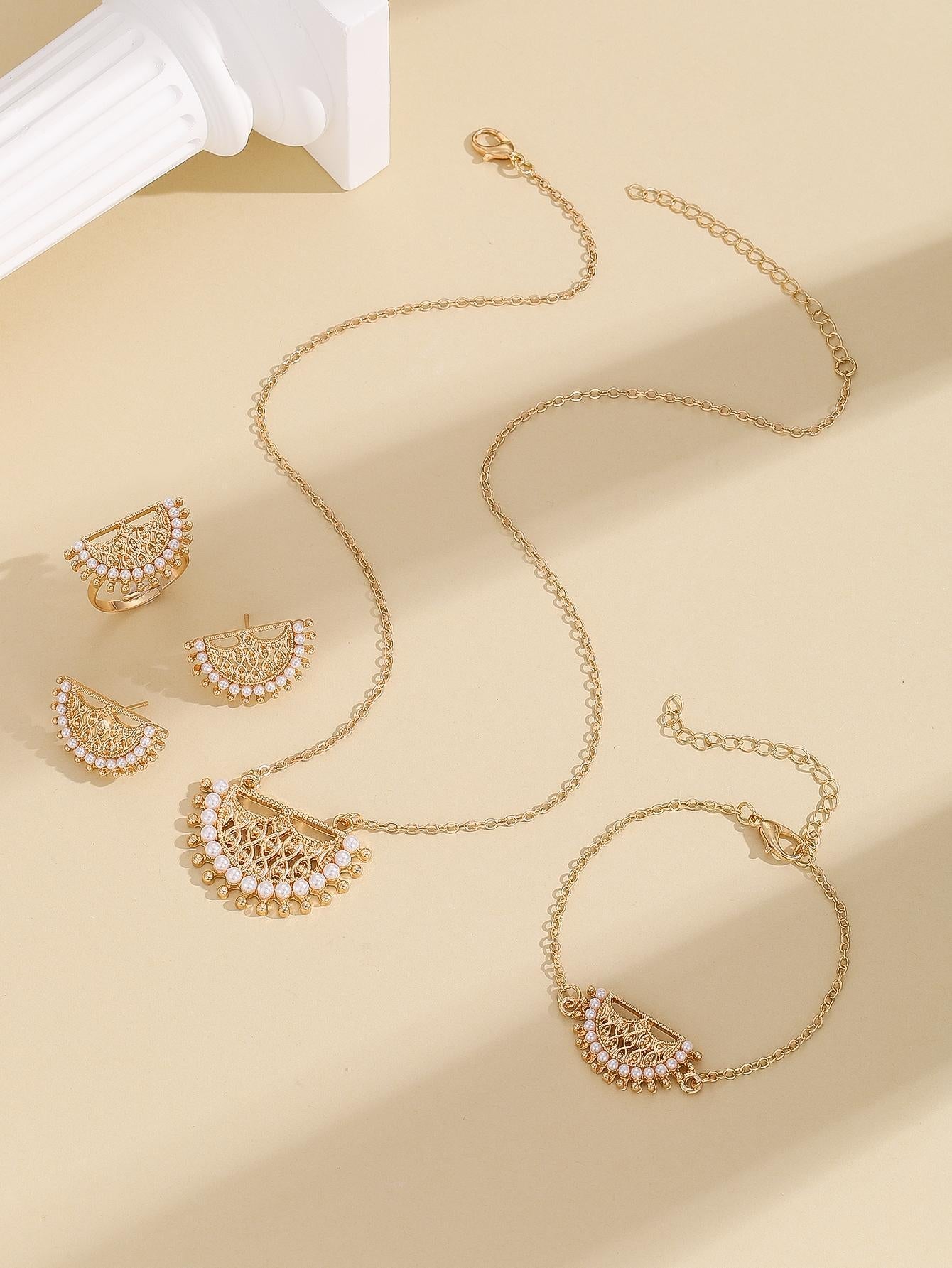 Fashionable Zinc Alloy Faux Pearl & Hollow Out Necklace, Earrings, Ring and Bracelet Set, in Gold
