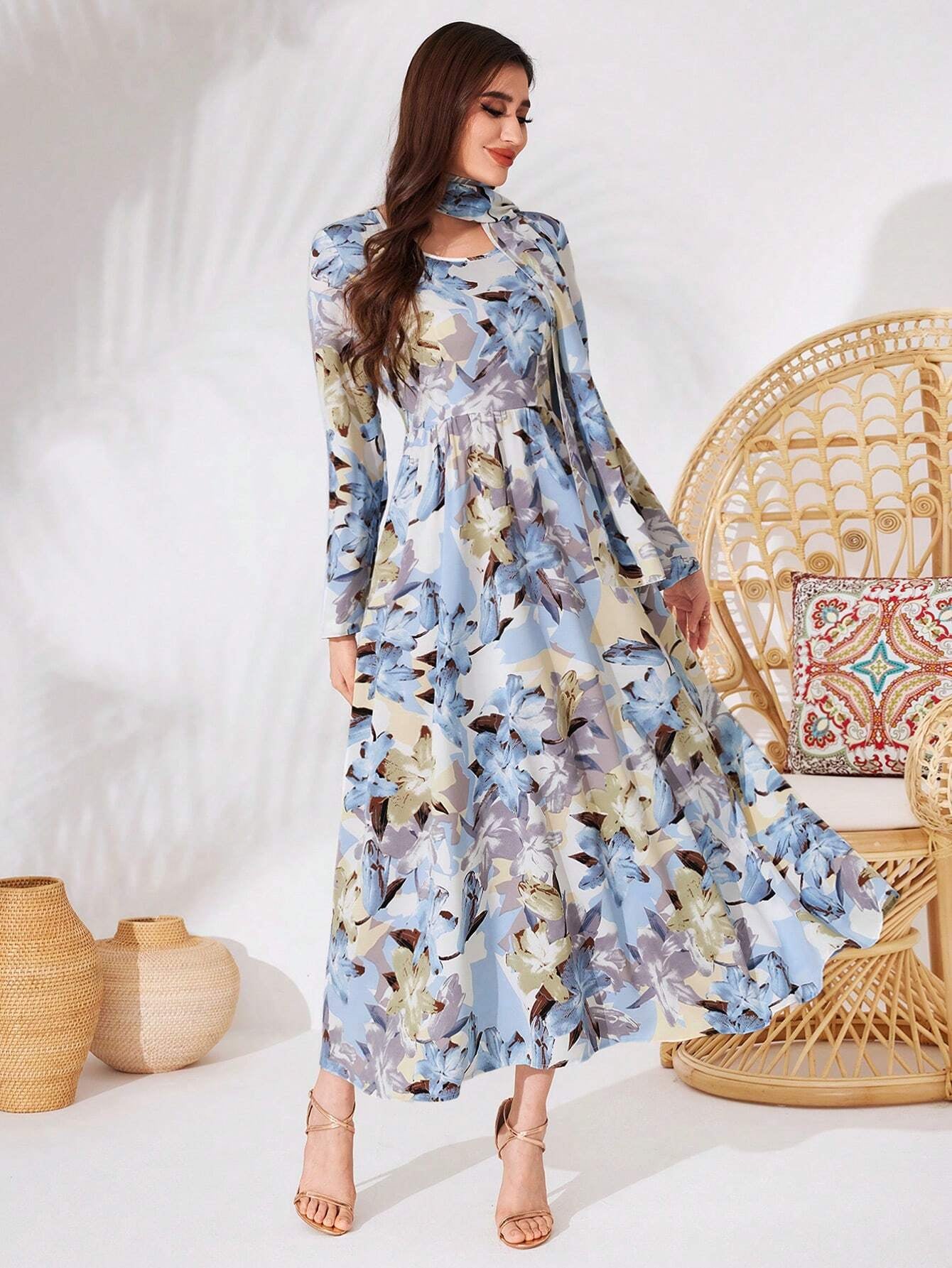 Modely Women'S Floral Print Long Sleeve Dress