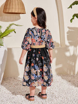 Young Girl Floral Printed V-Neck Puff Sleeve Dress