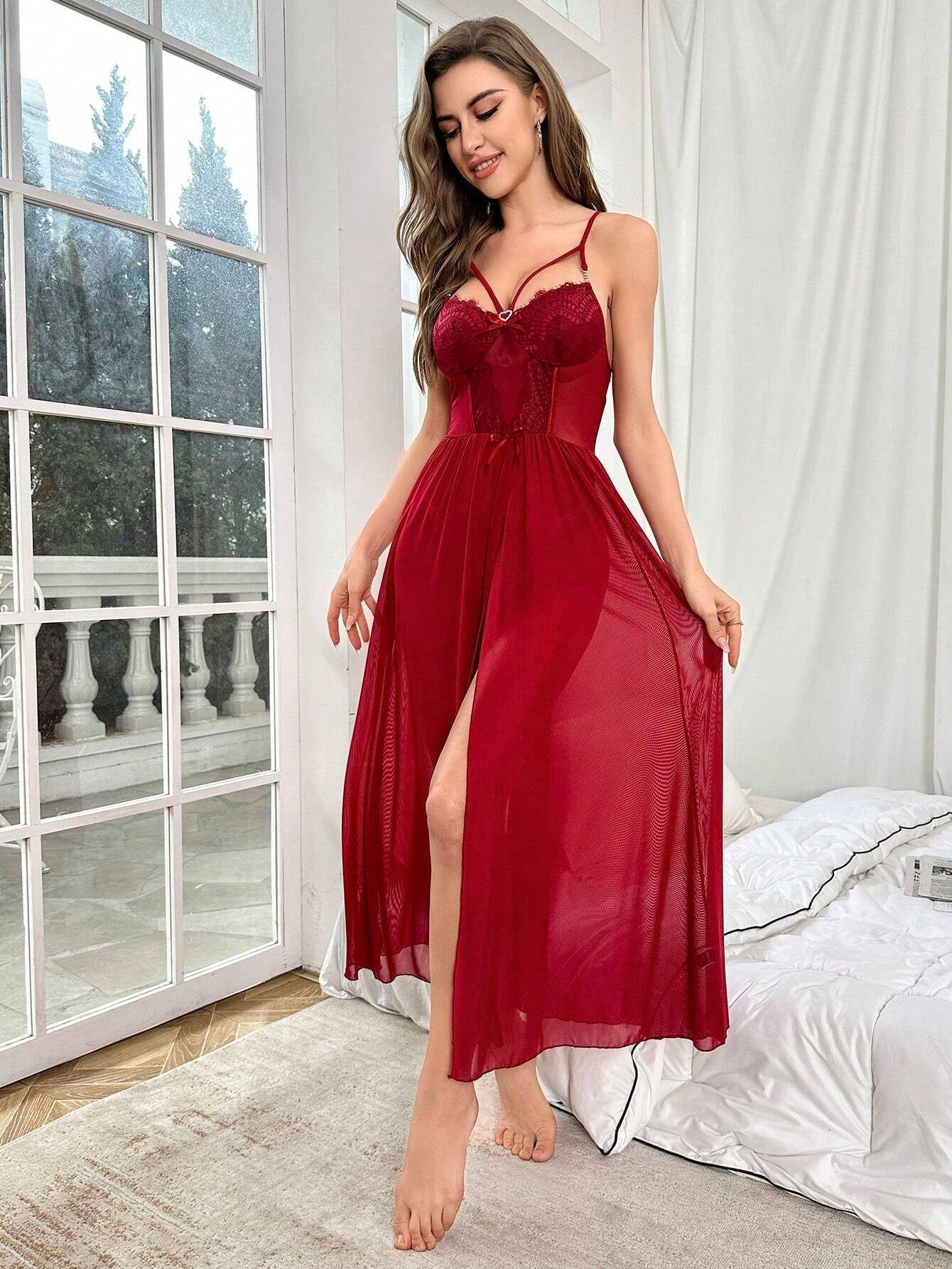Lace Trim Split Thigh Cami Nightdress
