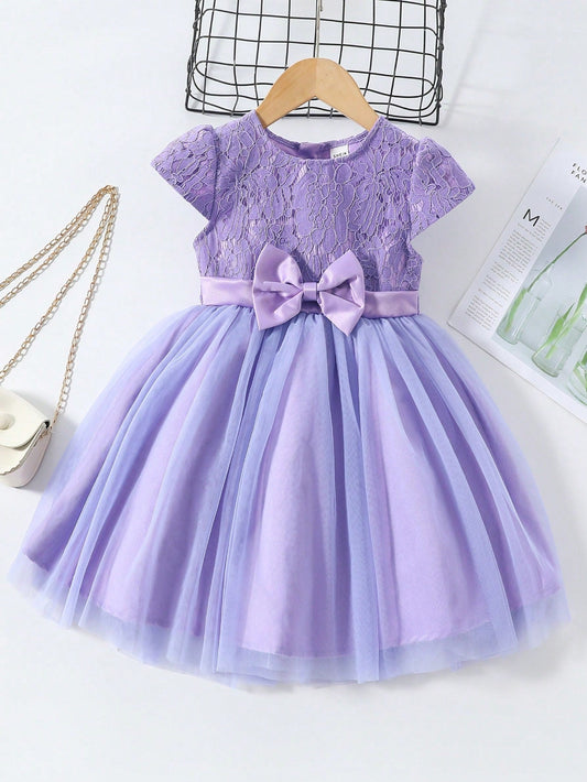 Young Girl Gorgeous Butterfly Bow Decoration Patchwork Lace Tulle Dress