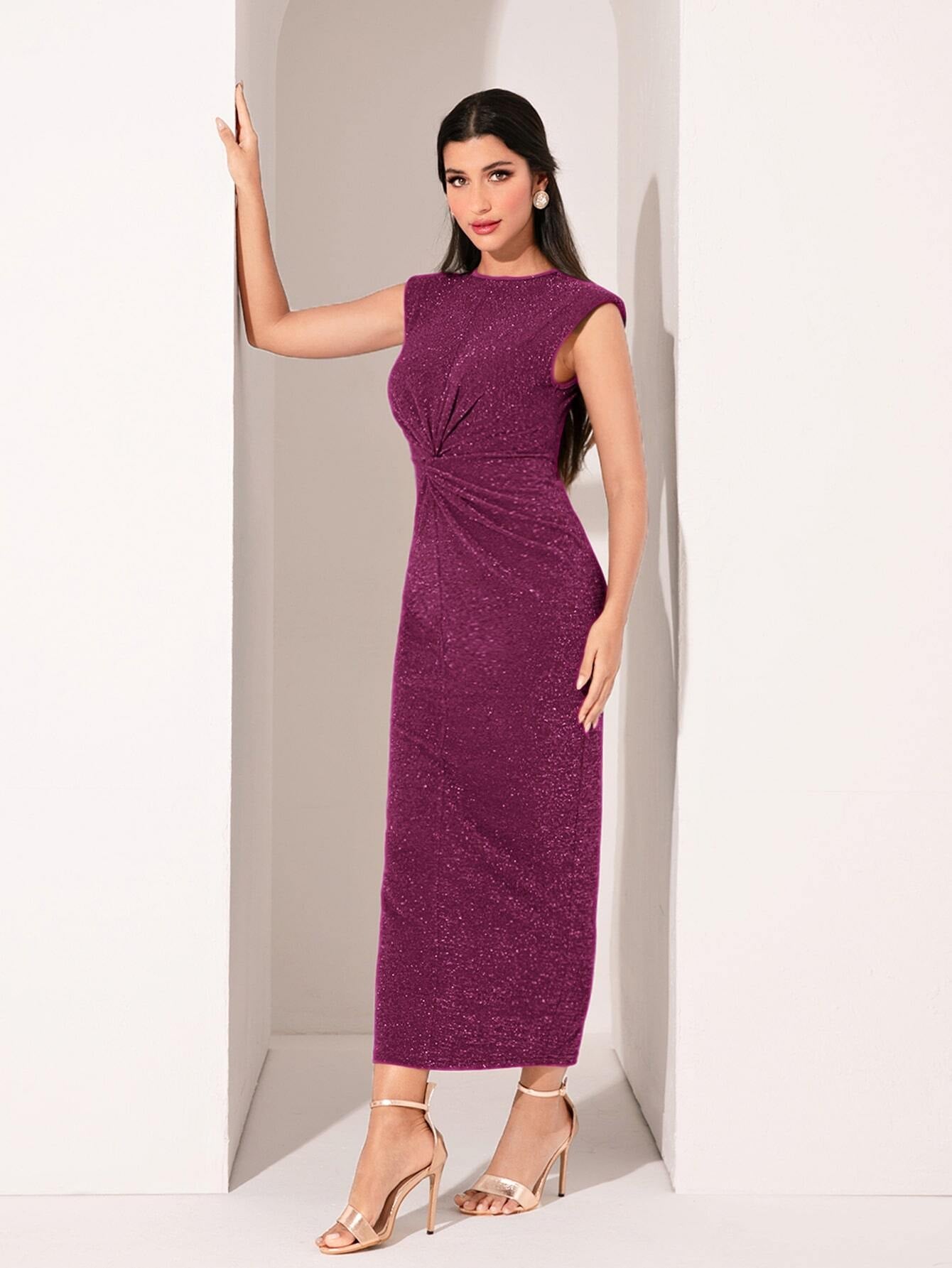 Modely Shoulder Pad Twist Front Glitter Dress