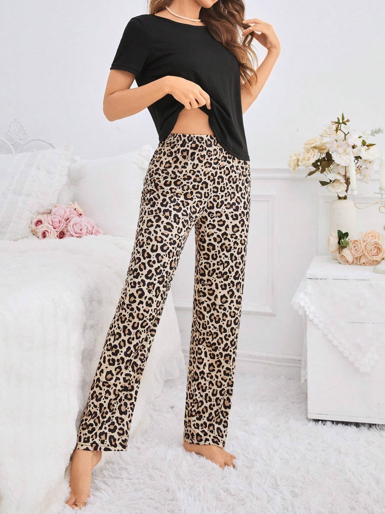 Ariqdhaksinargha Women'S Solid Color Top & Leopard Print Long Pants Pajama Set