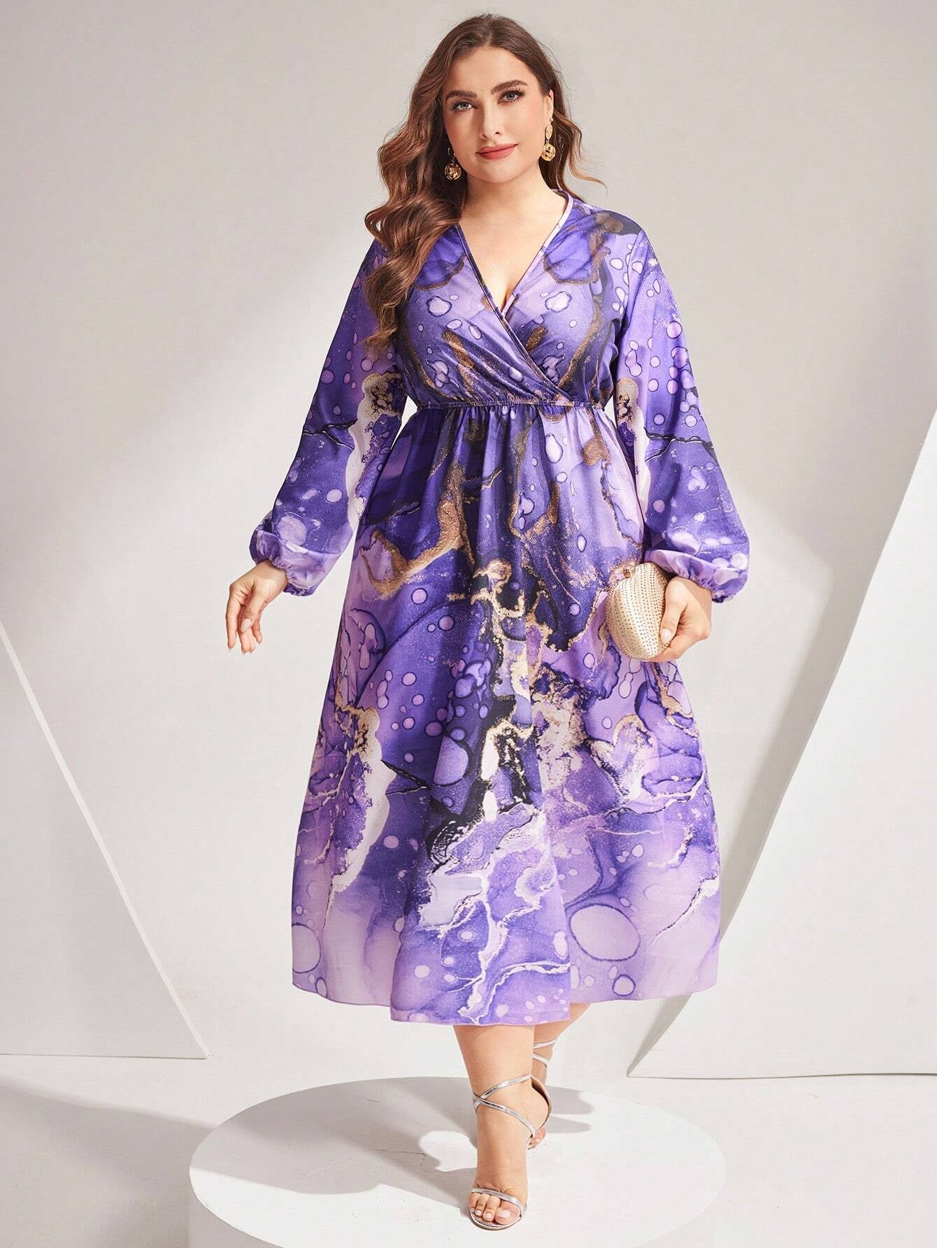 Modely plus Size Printed Lantern Sleeve Dress