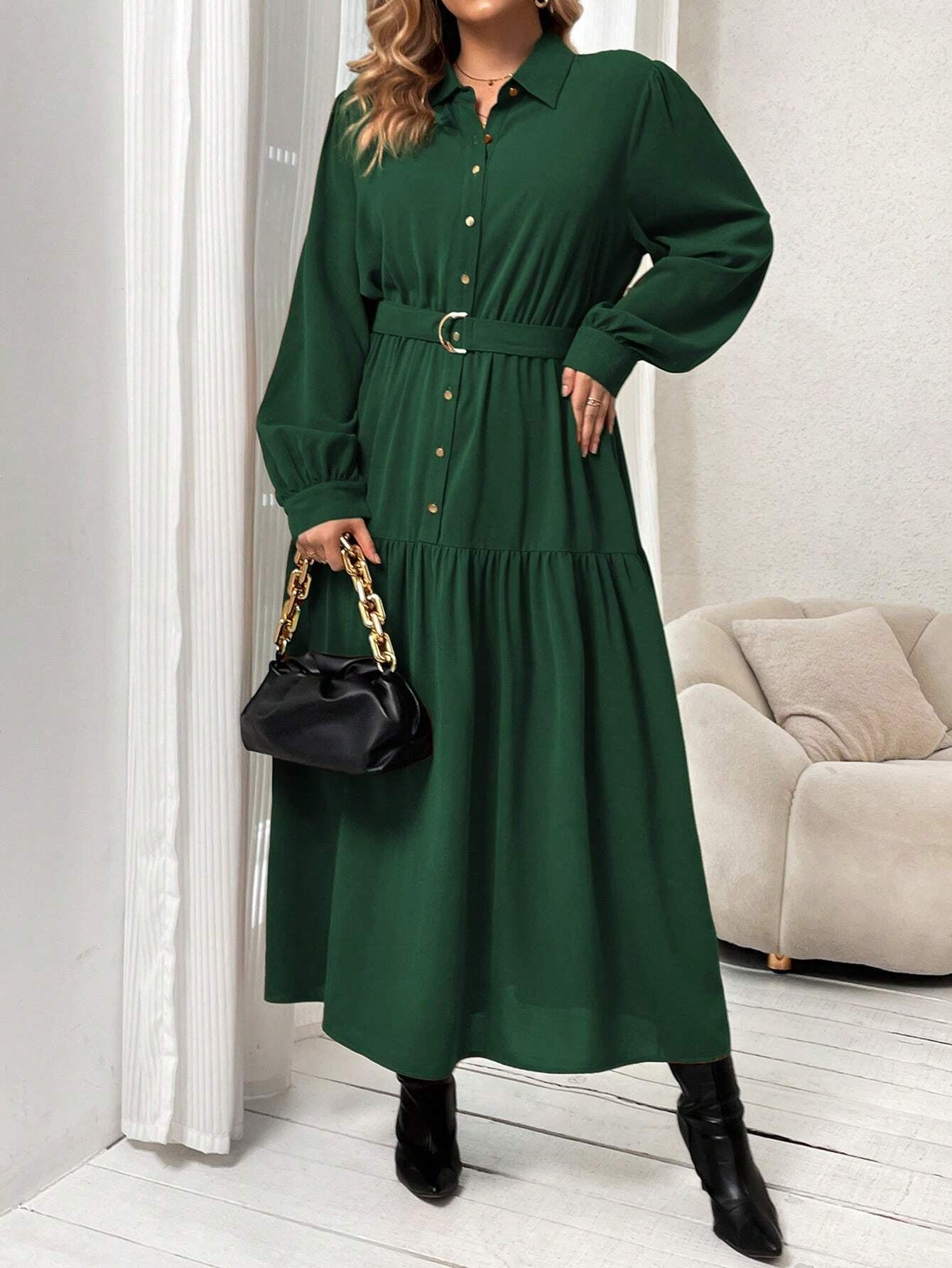 Frenchy plus Lantern Sleeve Ruffle Hem Belted Shirt Dress