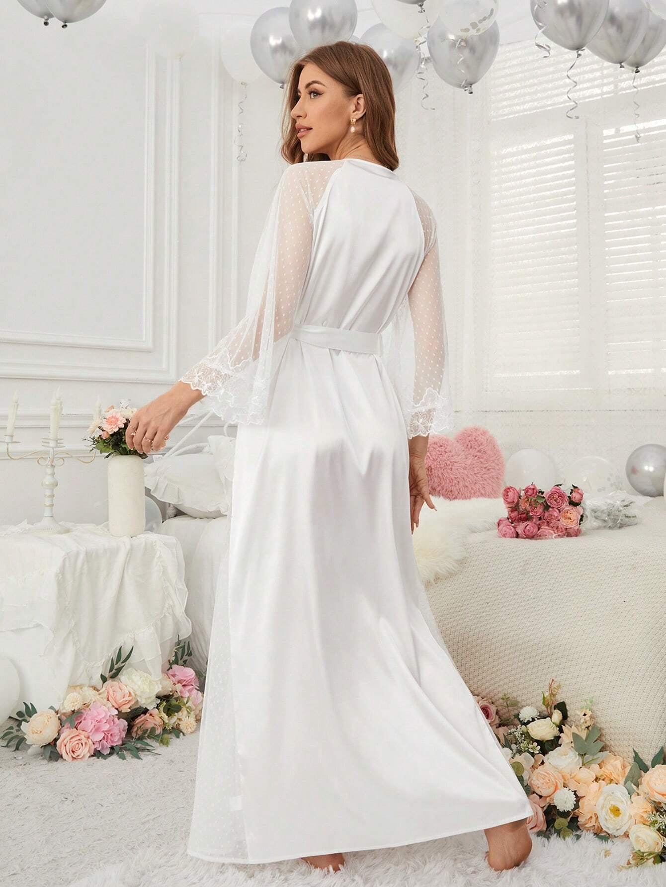 Lace Patchwork Women'S Wrap Robe for Sleepwear