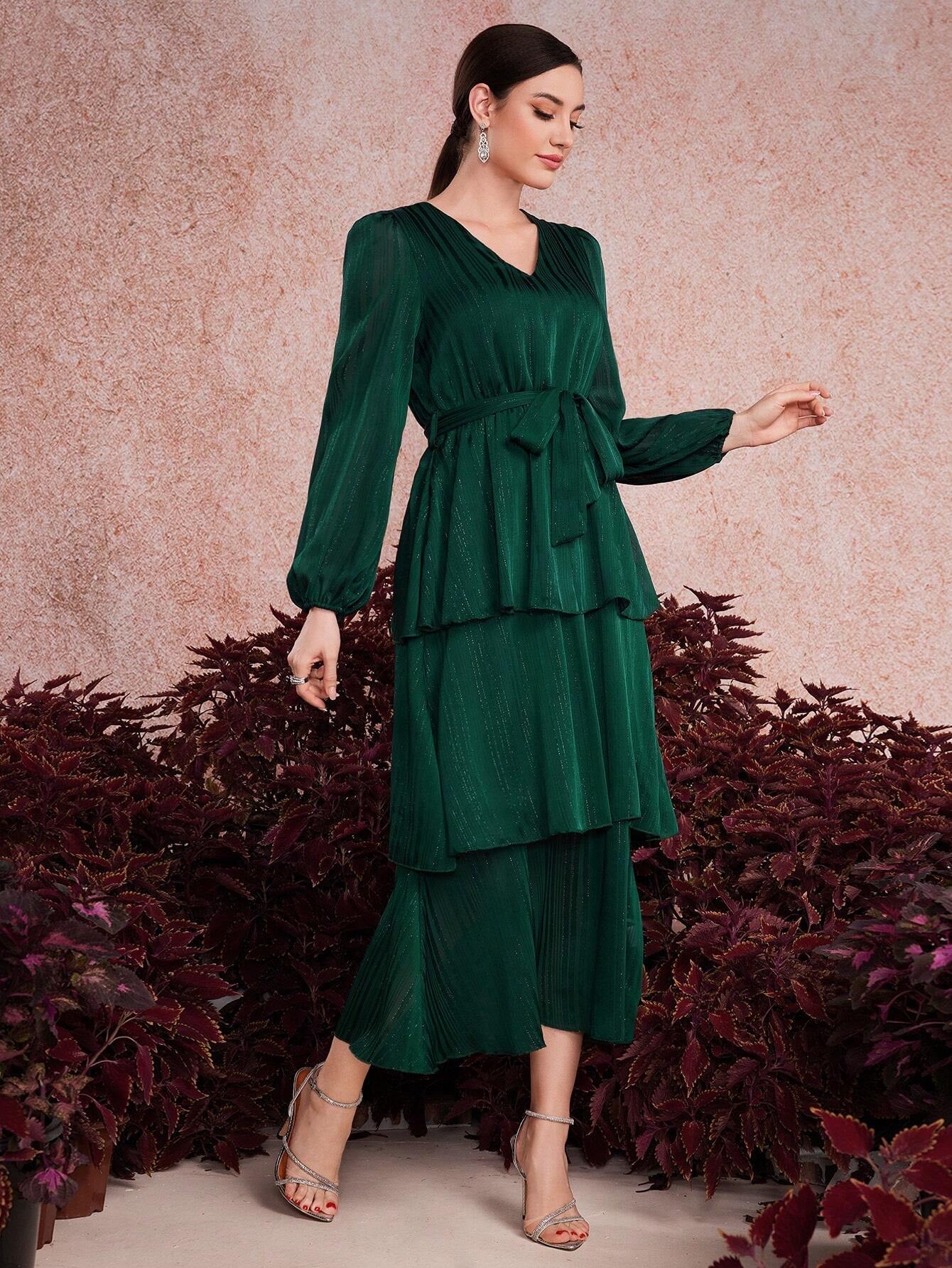 Modely Ladies' Solid Color V-Neck Lantern Sleeve Dress