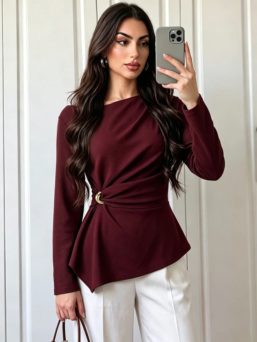 SHEIN Elenzga بلوزة نسائية سادة بتجاعيد وأكمام طويلة بلون عنابي