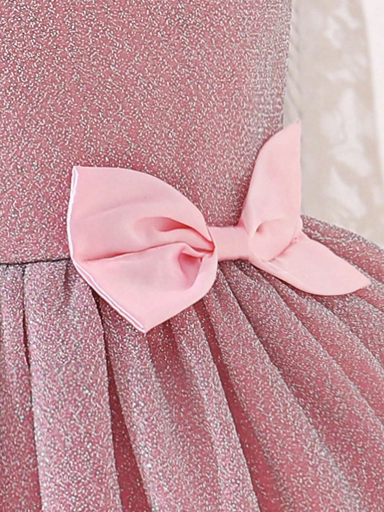 Young Girl Asymmetrical Collar Princess Style Tulle Dress with Ribbon Decor, Perfect for Parties