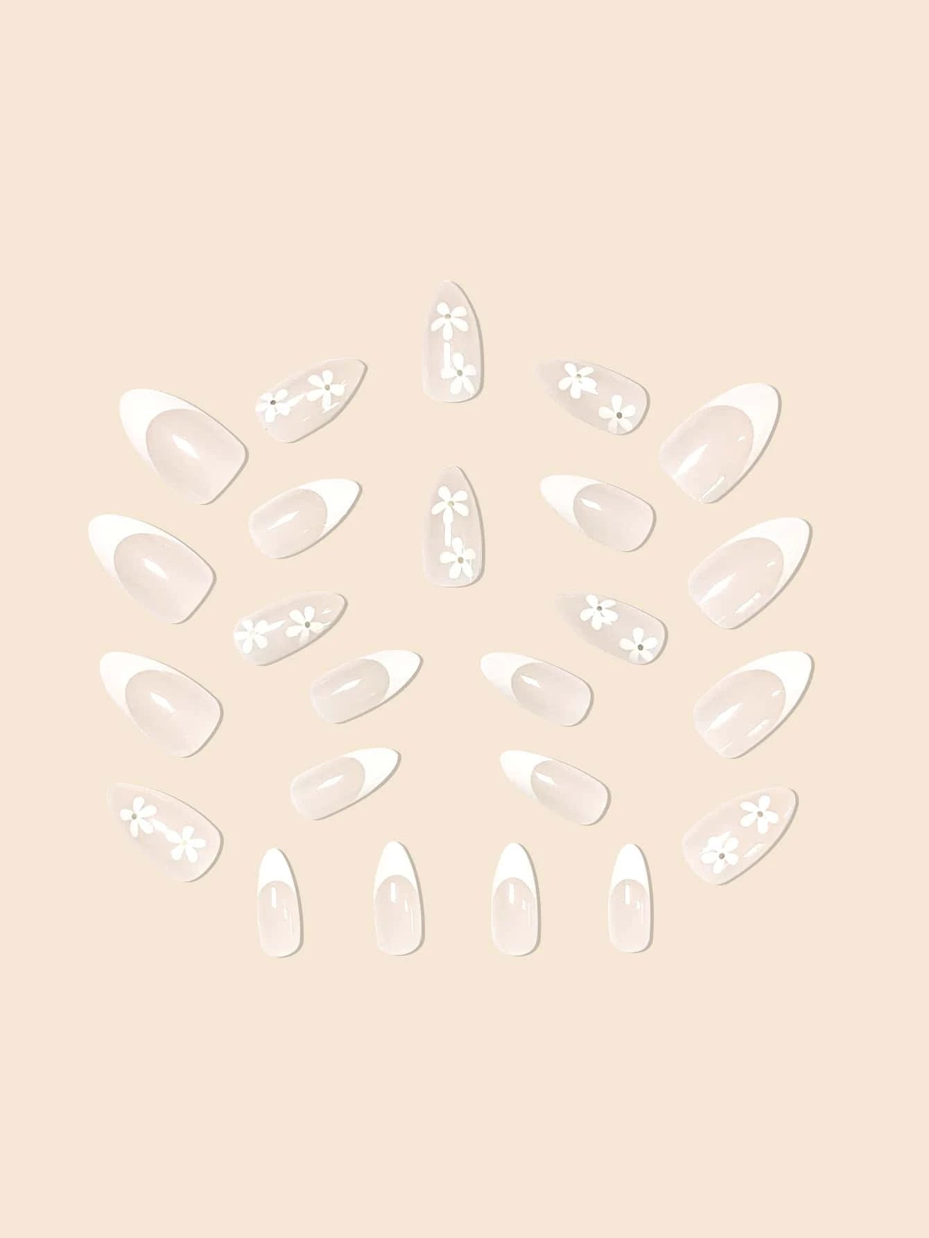 24Pcs False Nails in Waterdrop Shape, Black French Manicure with Small Flowers & Pointy Almond Shape +Jelly Glue + Nail File