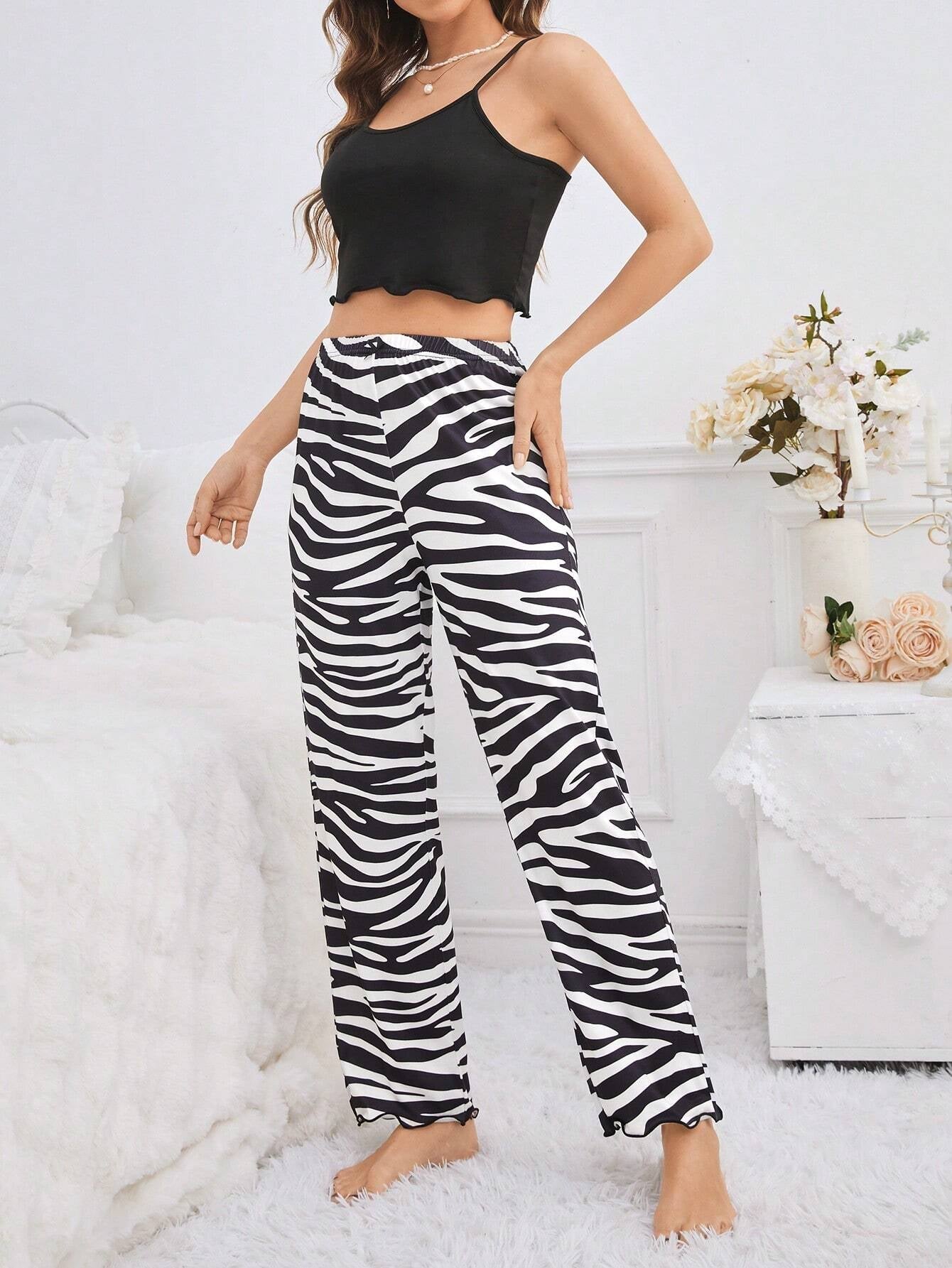 Women'S Ruffled Crop Cami Top and Zebra Printed Pants Pajama Set