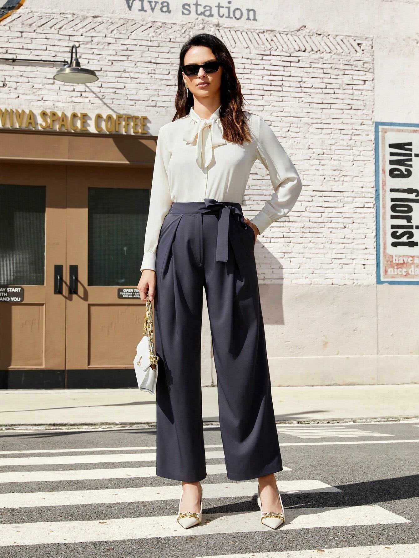 Bizwear Women'S Solid Color Pleated Straight Leg Pants