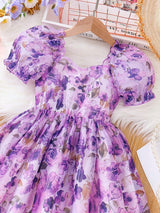 Young Girls' Summer Flower Print Dress, Purple Floral Princess Dress with Puff Sleeves