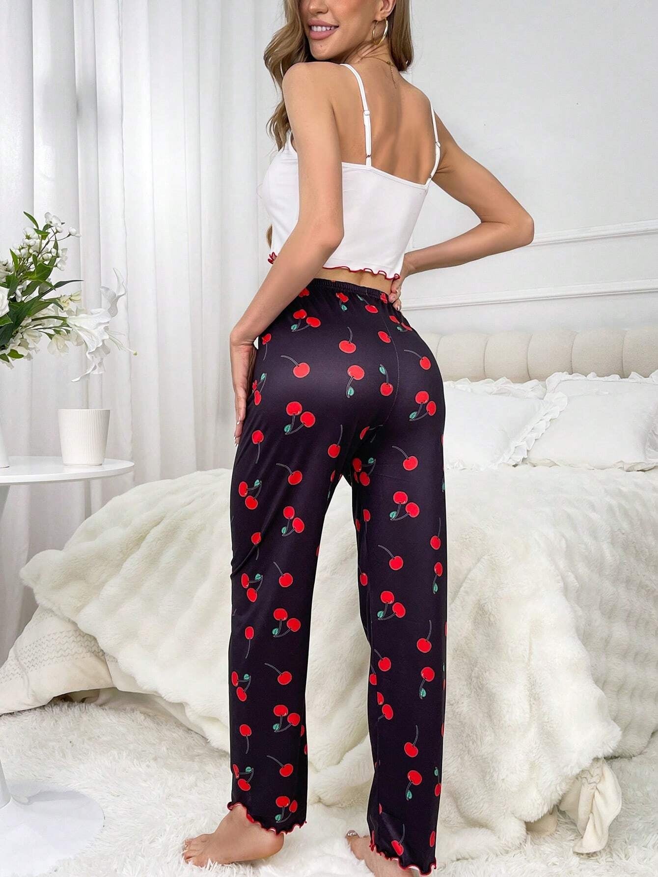 Cherry Print Cami Top & Bow Front Pants PJ Set