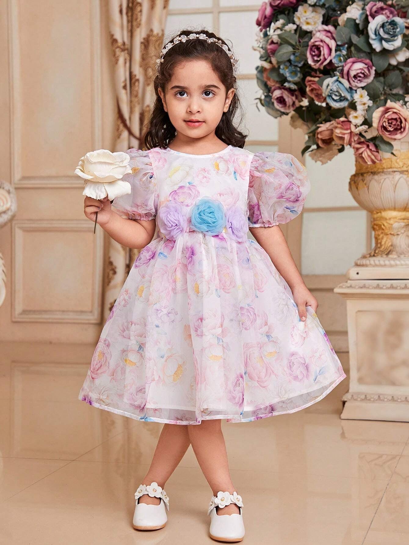 Young Girls' Elegant round Neck Puff Sleeve Organza Floral Print 3D Flower Dress