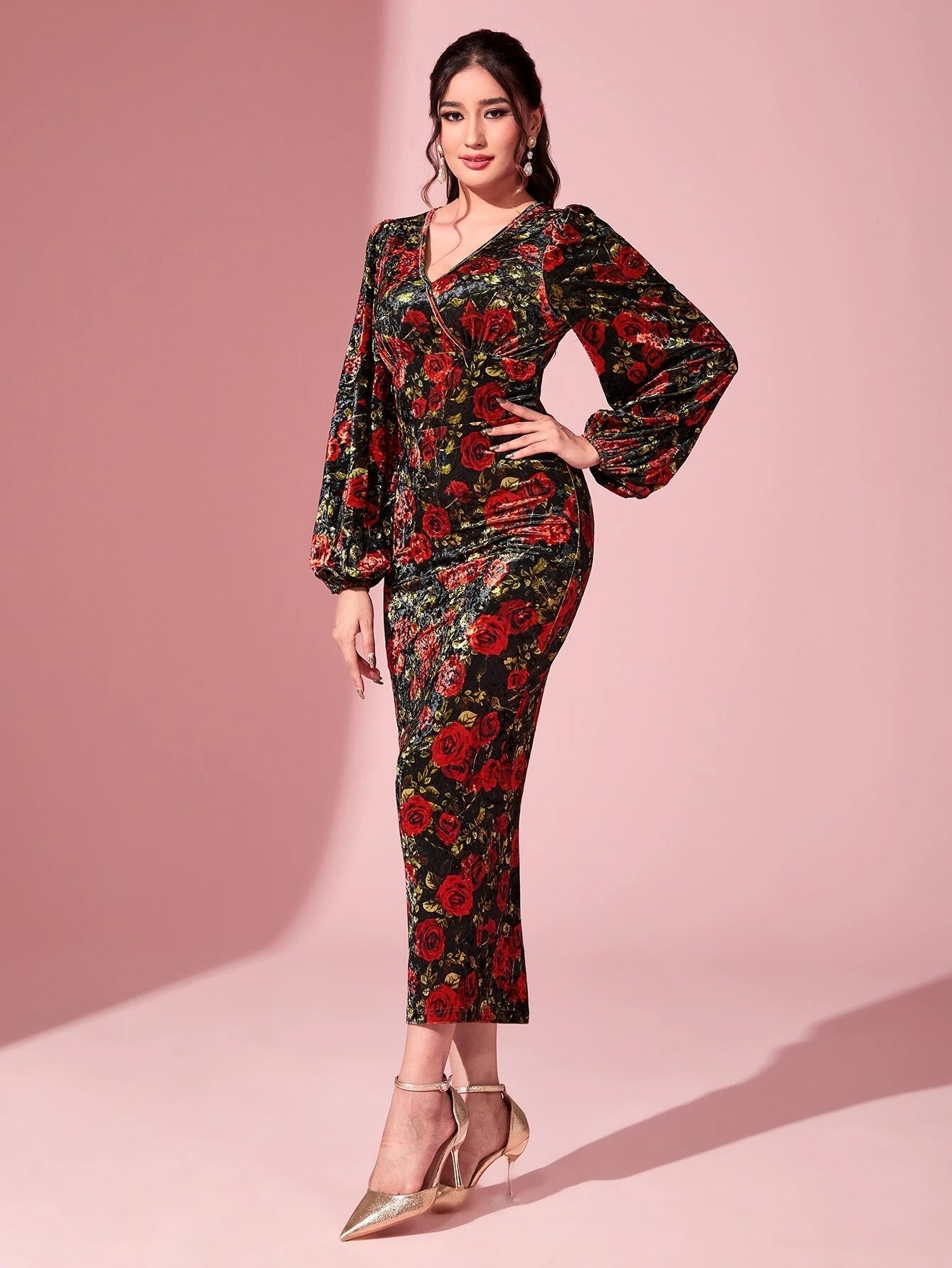 Modely Floral Print Lantern Sleeve Split Back Velvet Dress