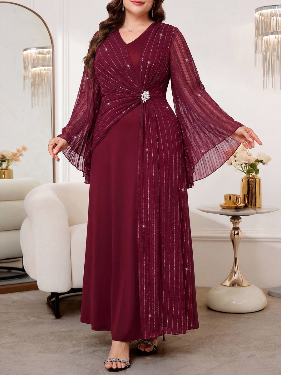 SHEIN Reflora فستان عنابي للمقاسات الكبيرة بأكمام جرس مزين بالراينستون