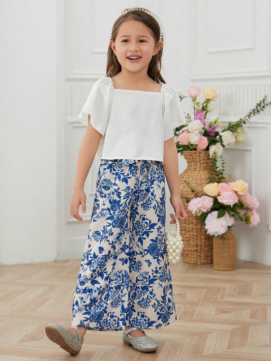 Young Girls' Lace Trimmed Top and Floral Printed Wide Leg Pants Two Piece Set
