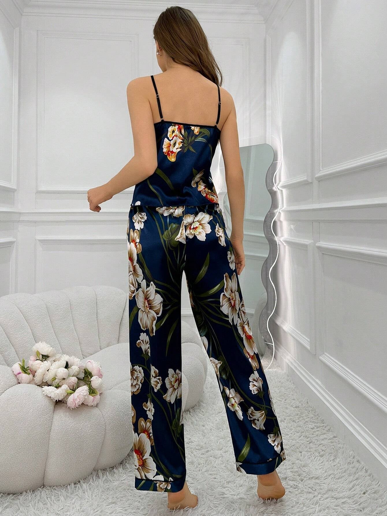 Women'S Floral Printed Satin Cami Top & Pants Set