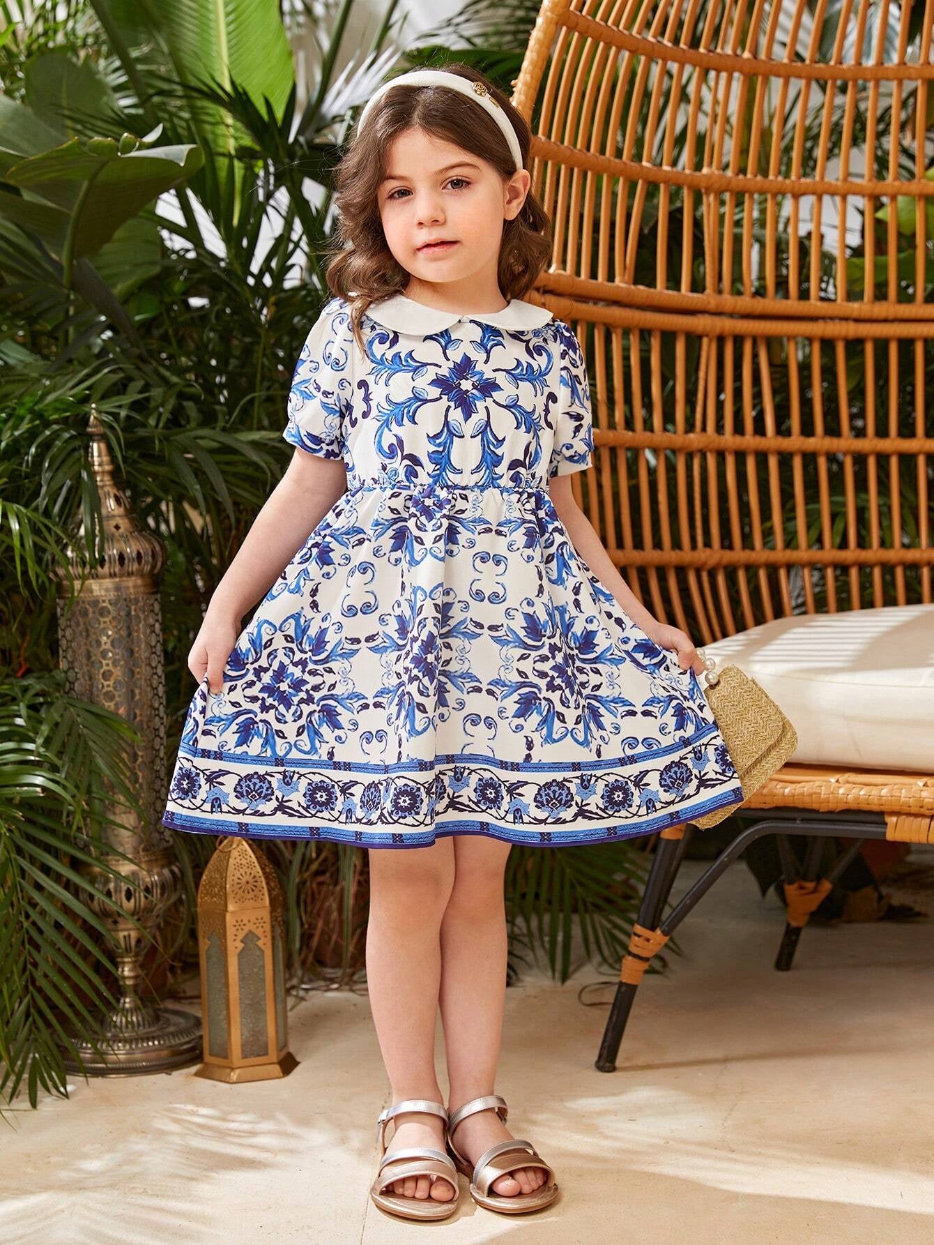 Young Girl Puff Sleeve Flower Print Dress