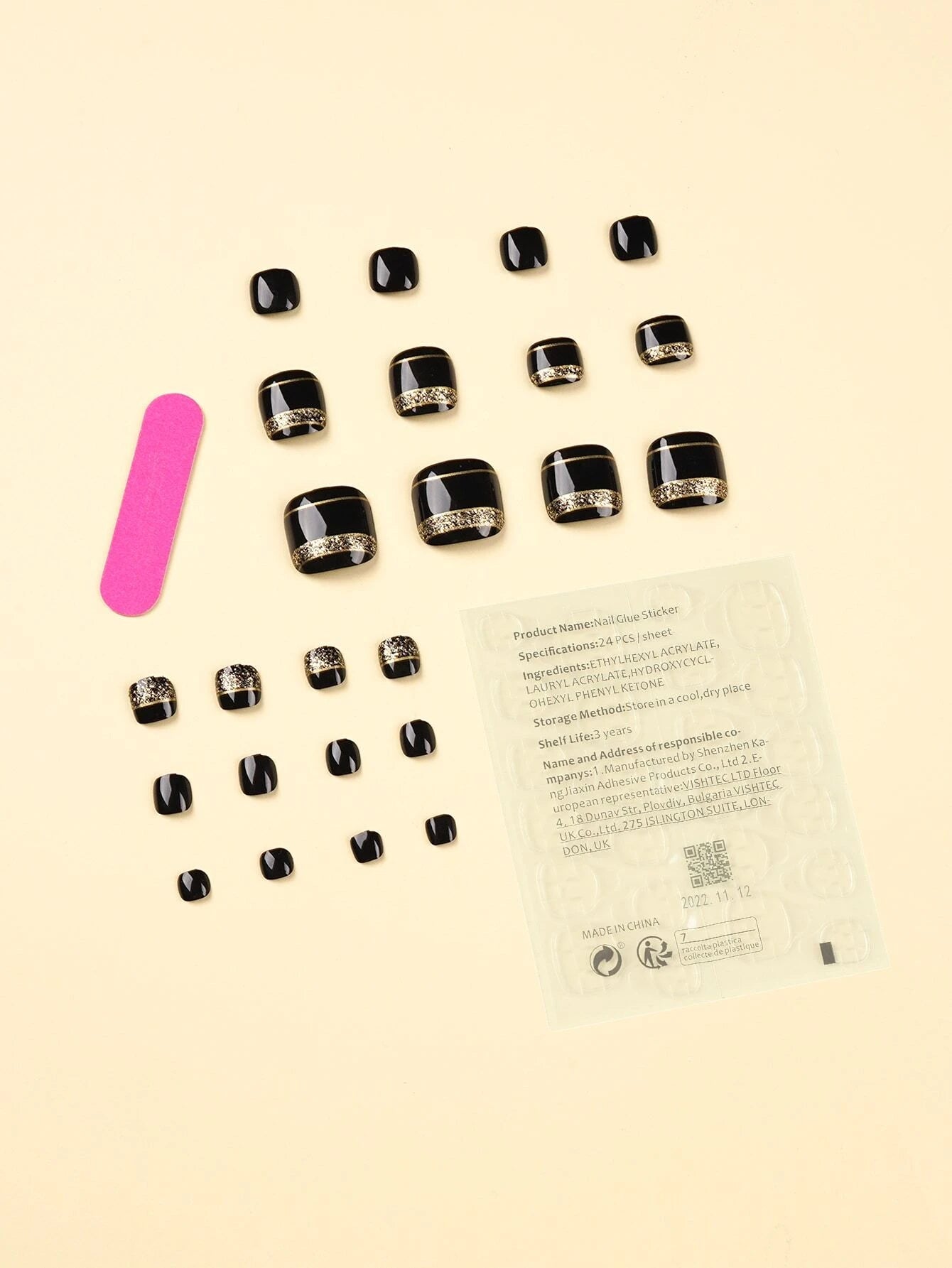 Elevate Your Style with 24Pcs Short Square Black Glitter Fake Nail & 1Pc Nail File & 1Sheet Tape