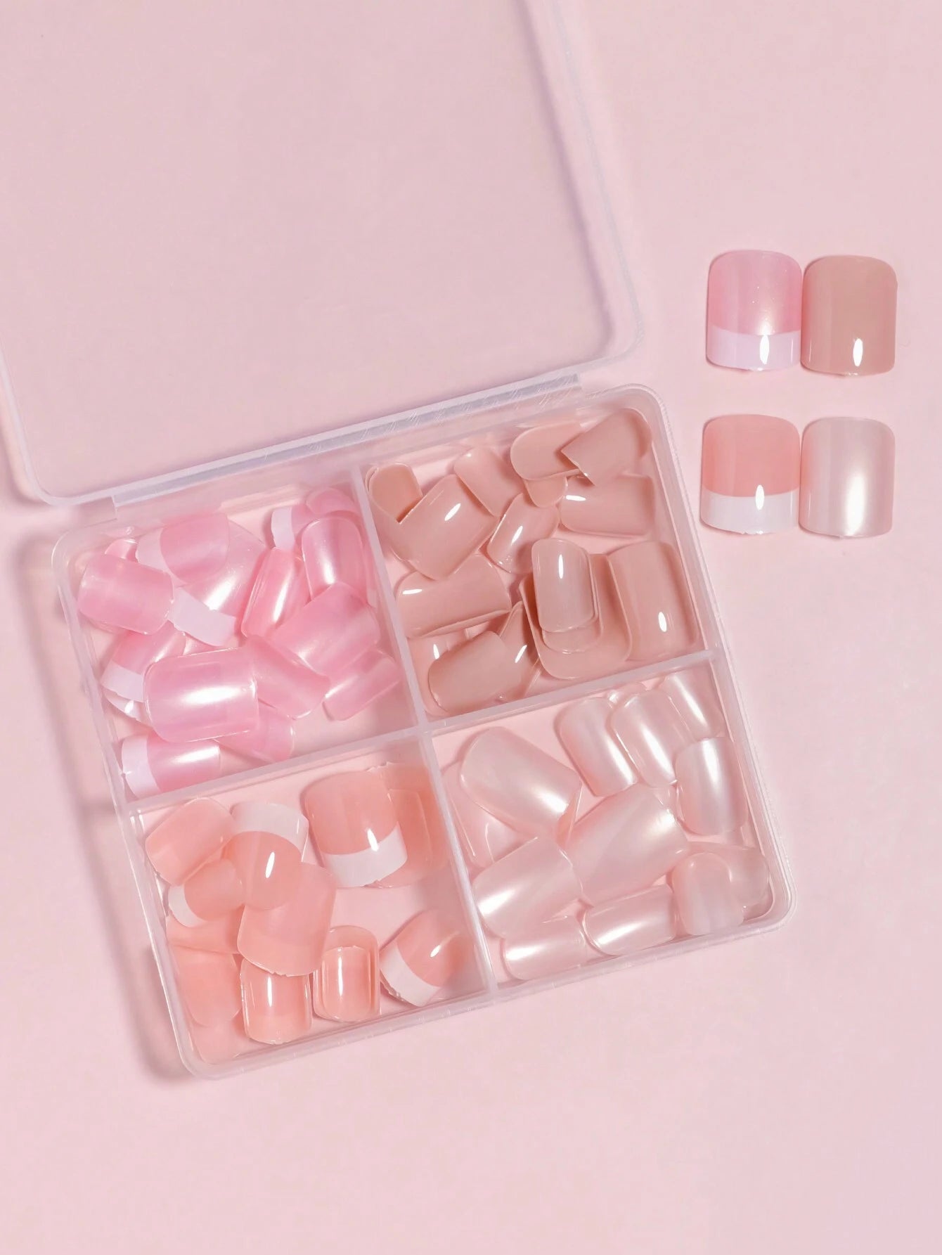 96Pcs(Dark Nude/Nude/Cream/Shrimp Pink-4Colors) Medium Square Press on Nails Acrylic Short Fake Nails Full Cover Solid Colors Designs Shiny Glue on Nails False Nail as Gift for Women and Girls with Storage Box