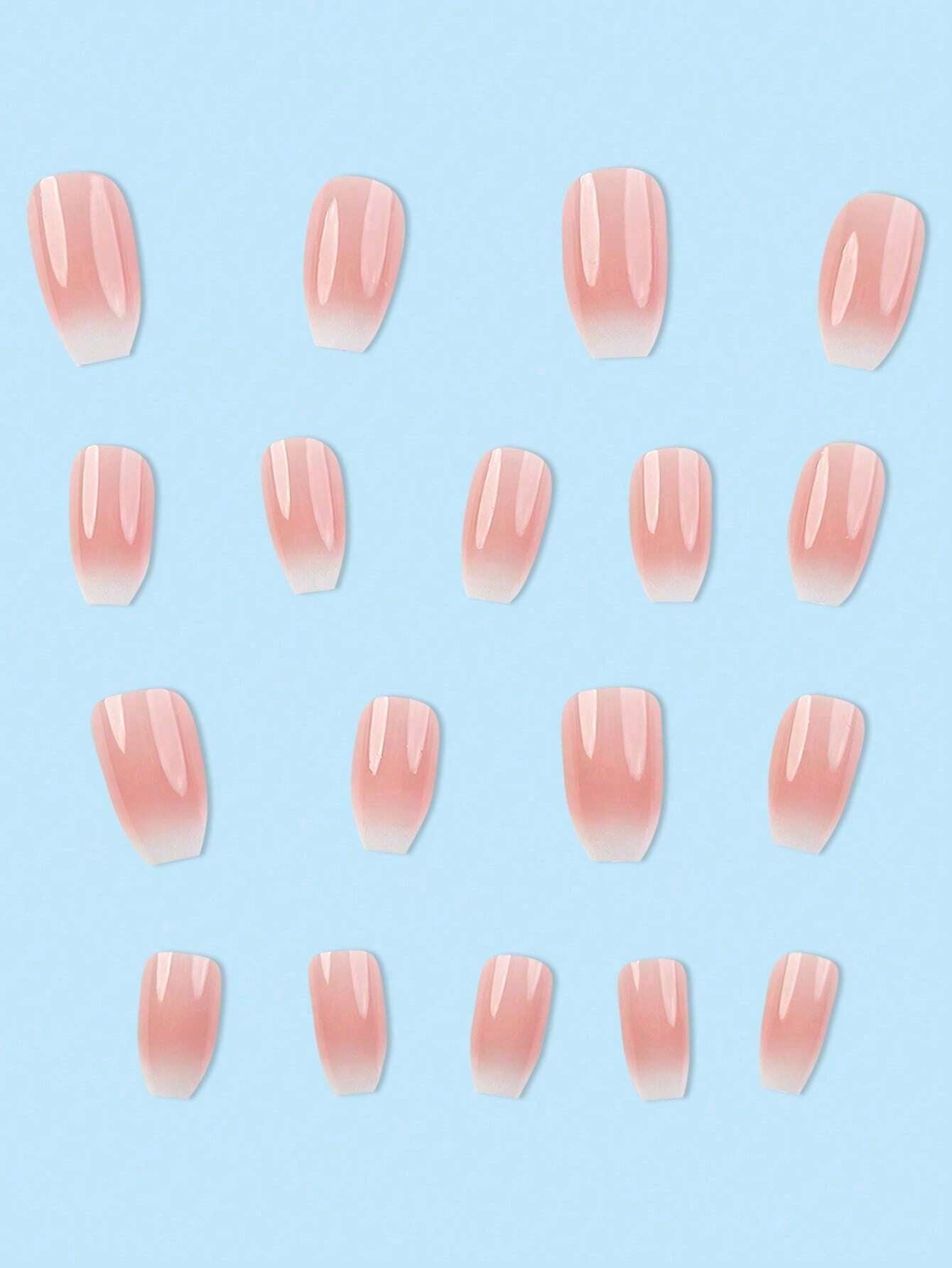 24Pcs Short Coffin Shape Pink Gradual Change Jelly Pink Nail Kit Suitable for Women and Girls