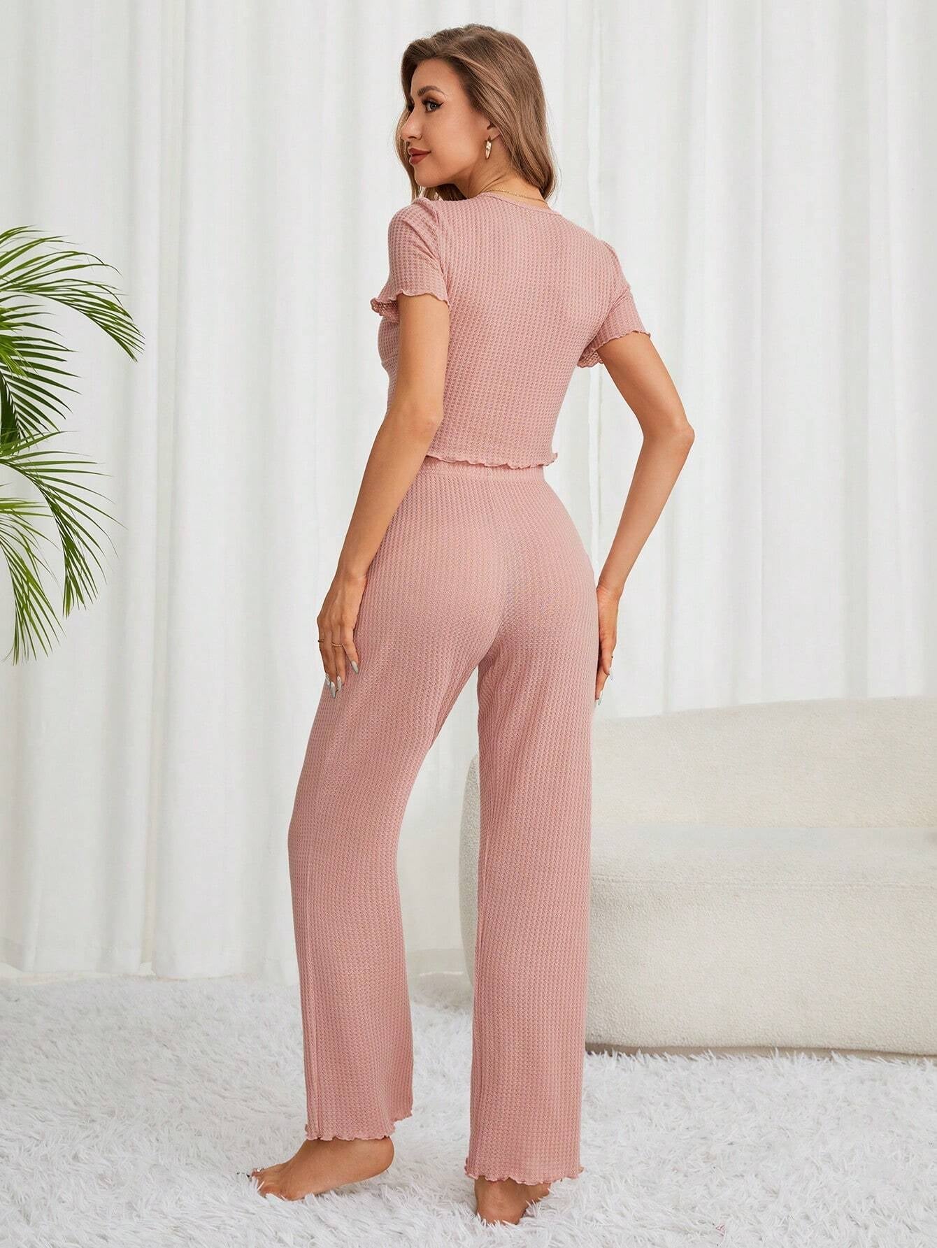 Frilled Edge Monochromatic Pajamas Set