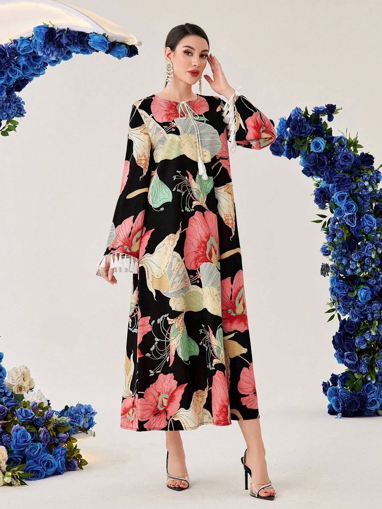 Najma Women'S Ginkgo Leaf Print Patchwork Tassel Bell Sleeve Arabic Dress