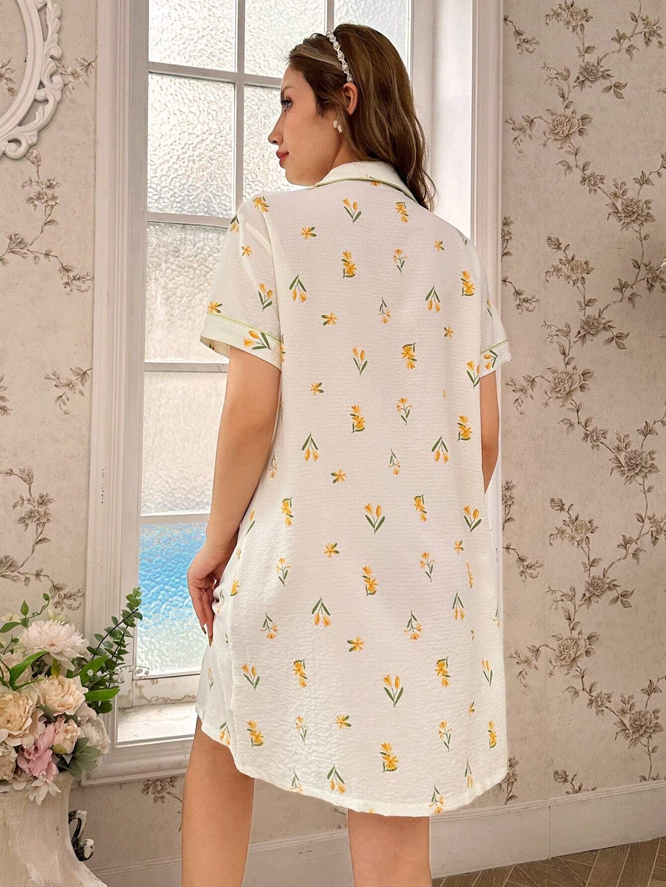 Cottageslumber Color-Block Printed Luxury Collar Night Dress with Turn-Down Collar