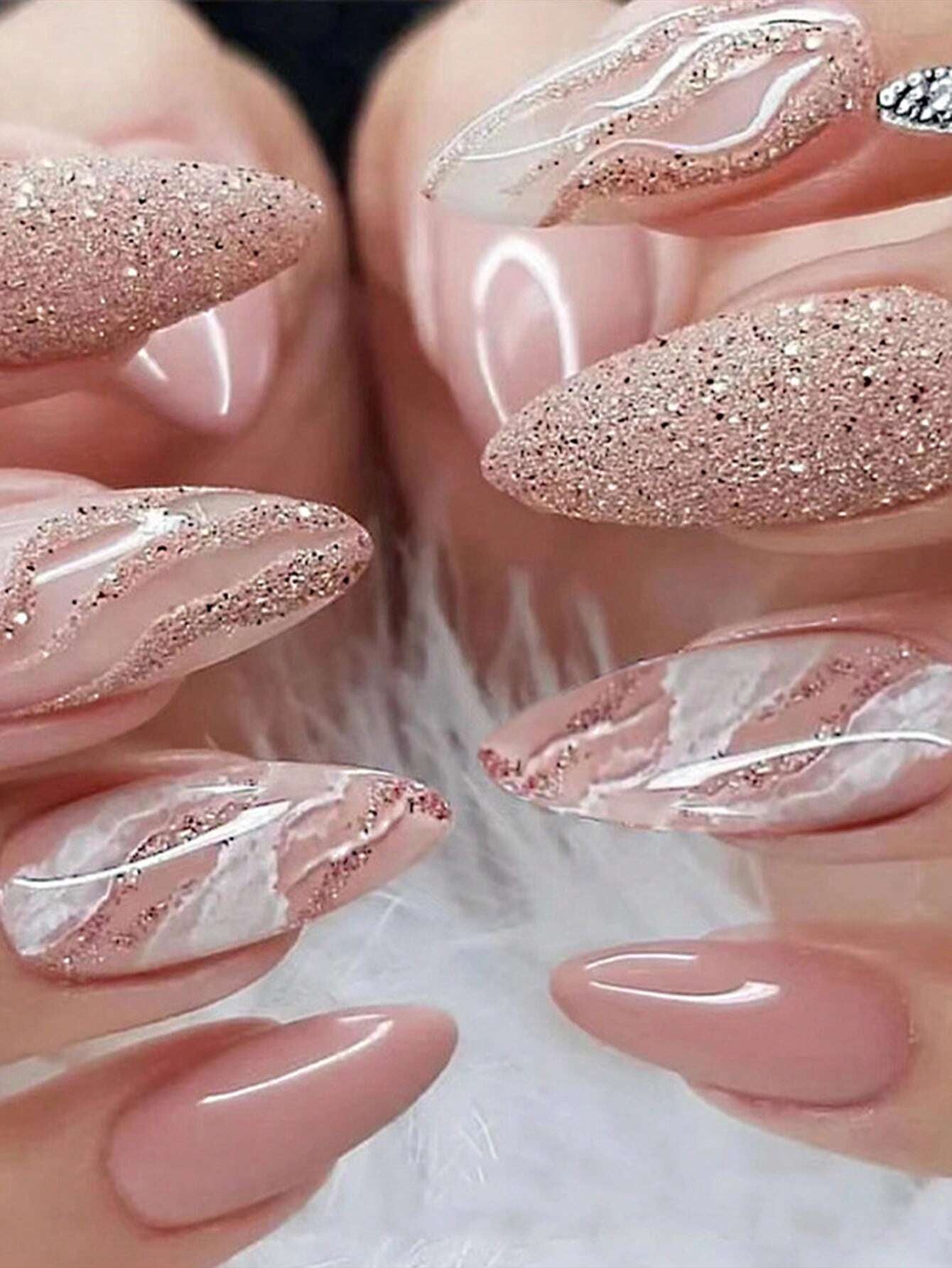 Get Glamorous with 24Pcs Long Almond Marble Smudge Glitter Fake Nail & 1Pc Nail File & 1Sheet Tape