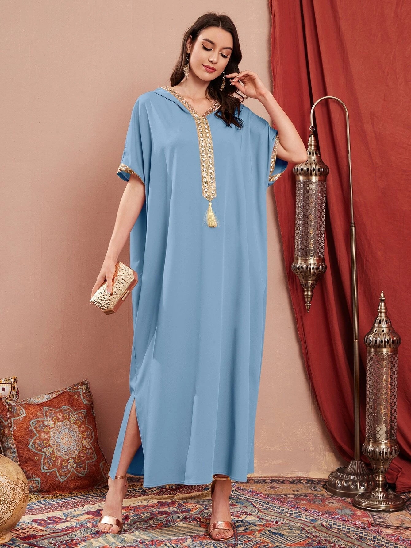 Najma Contrast Embroidered Trim Split Hem Kaftan