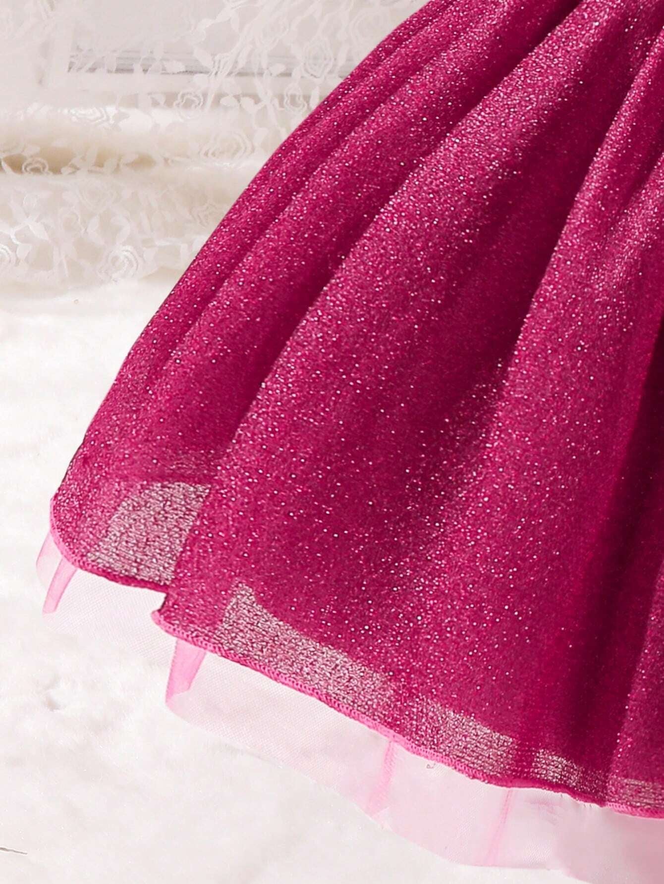 Young Girl Asymmetrical Collar Princess Style Tulle Dress with Ribbon Decor, Perfect for Parties