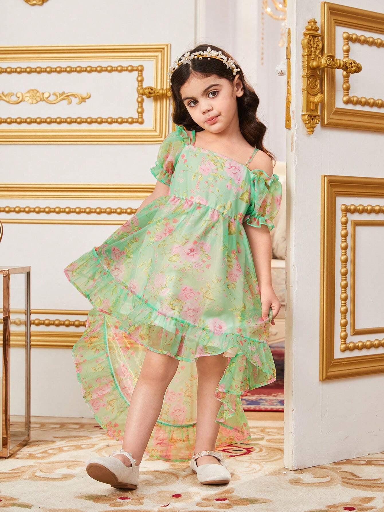 Young Girl Slim Fitted Gorgeous Holiday Puff Sleeve High Low Maxi Dress