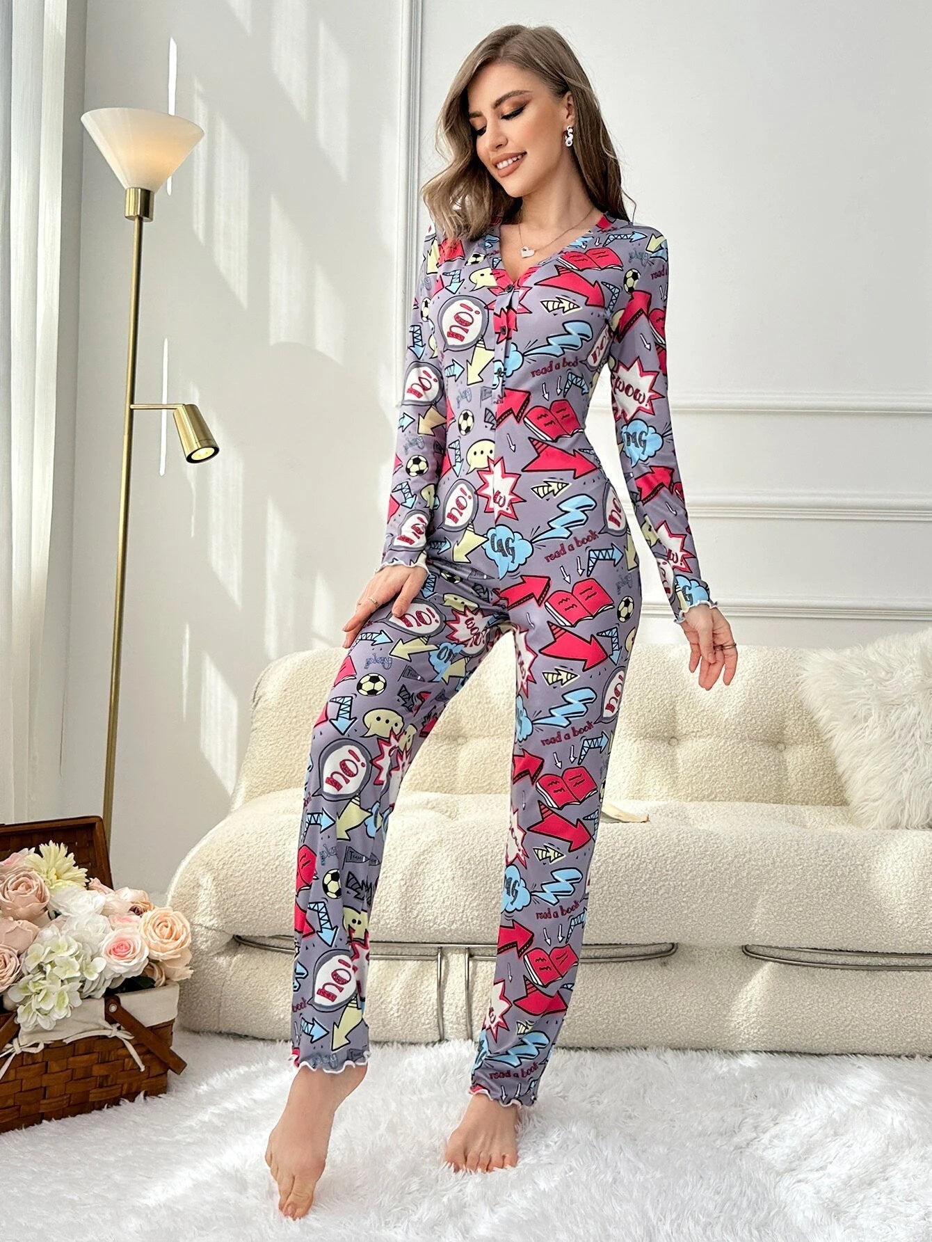 Koala & Heart Print Half Button Lettuce Trim Sleep Jumpsuit